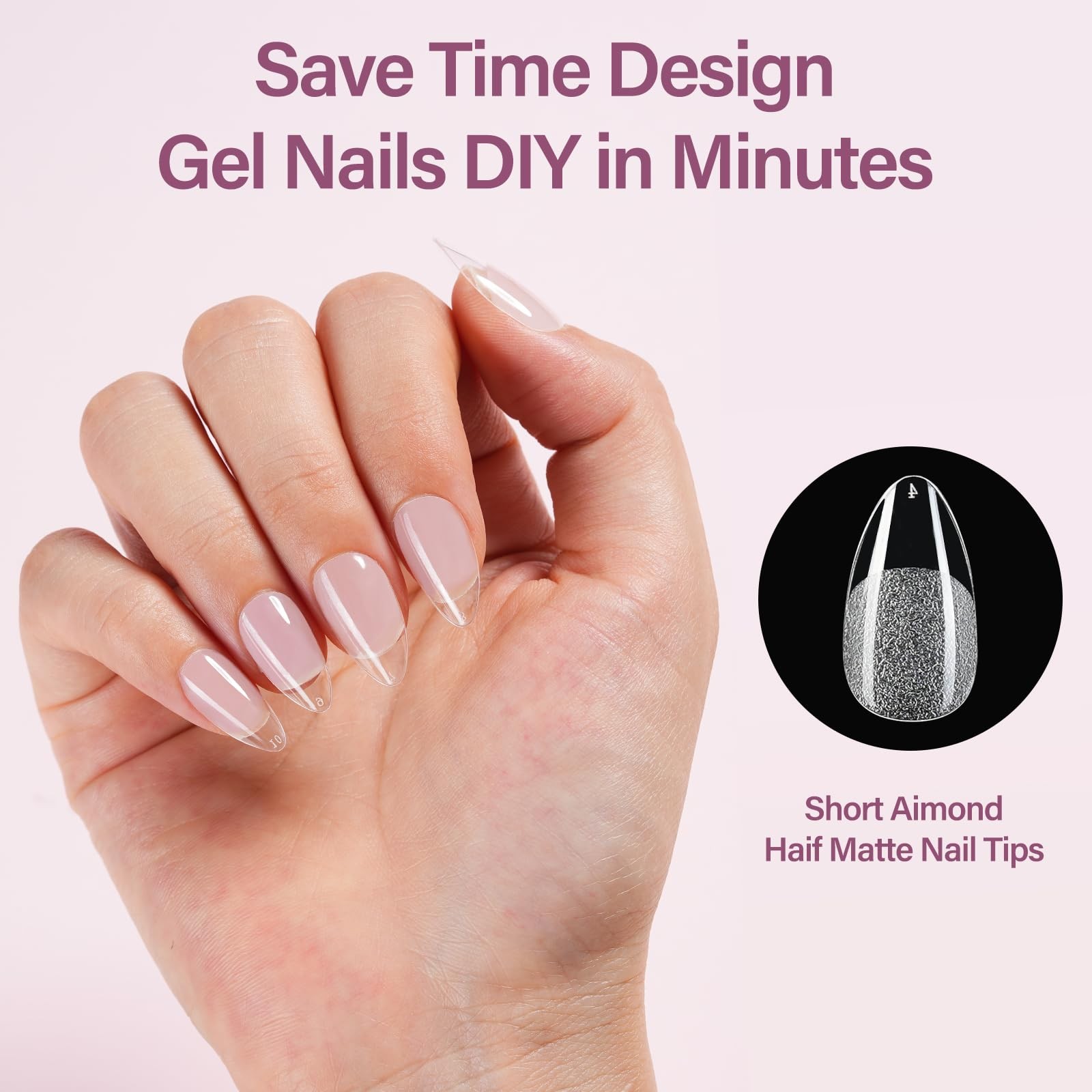 Short Almond Nail Tips Kit, 216Pcs Pre Etched Clear Fake Nails, Full Cover Fa…