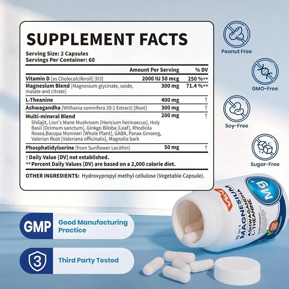VEV DeepCalm 15 in 1 Magnesium Glycinate & Citrate Complex Capsules.