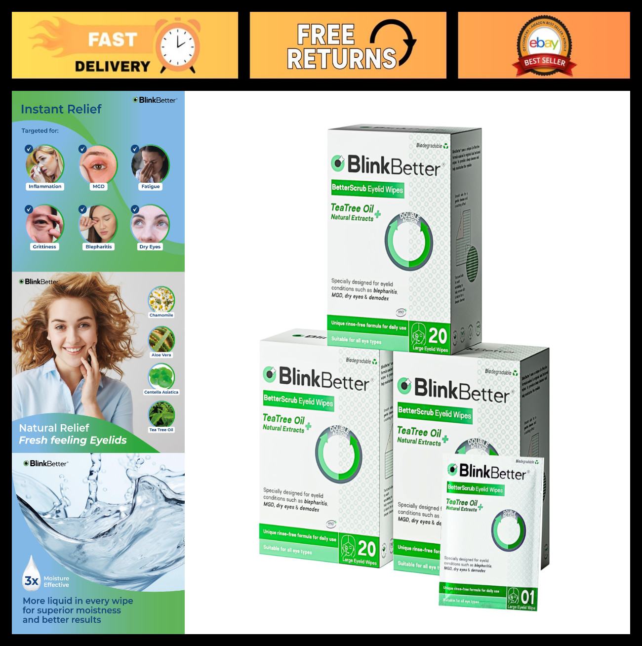Natural Tea Tree Oil Eyelid Wipes – 60 Count (Pack of 3) for Blepharitis, MGD &