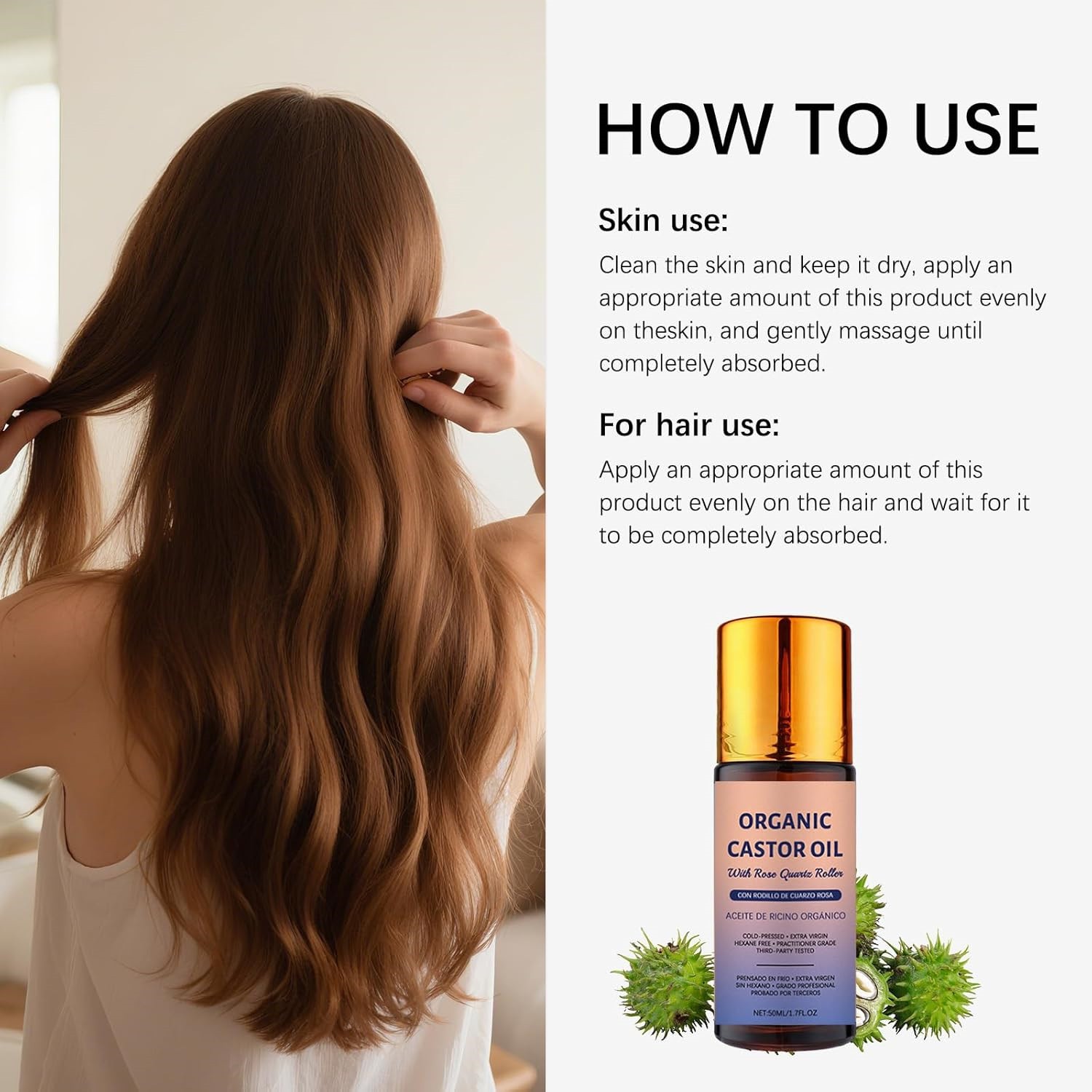 Organic Golden Castor Oil Roll-On with Rose Quartz for Skin,Hair Growth&Wrinkle