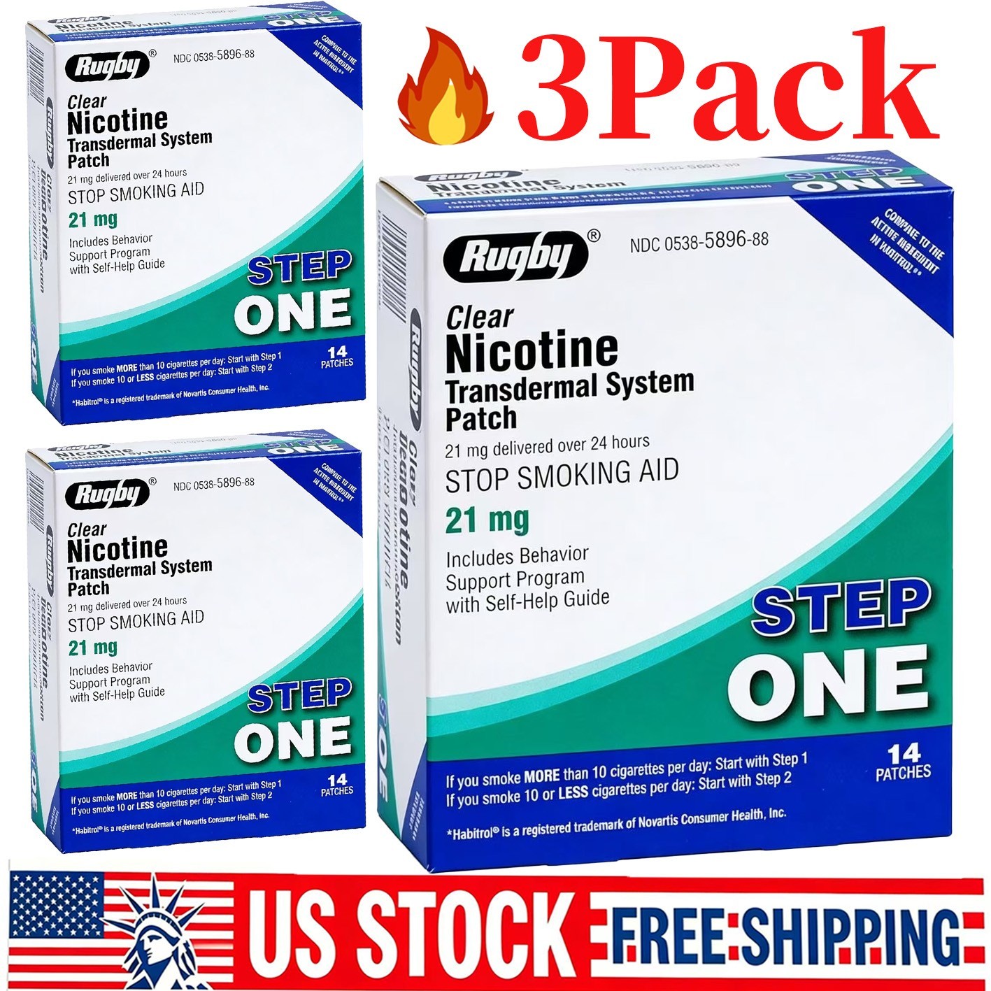 3 Pack (42 Patches) Rugby Nicotine Patches Step 1 21mg 28 Total Patches