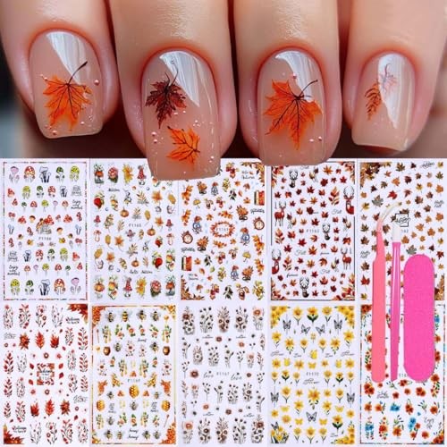 Autumn Nail Stickers Set – 10 Sheets Fall Nail Art Decals with Tweezers Nail
