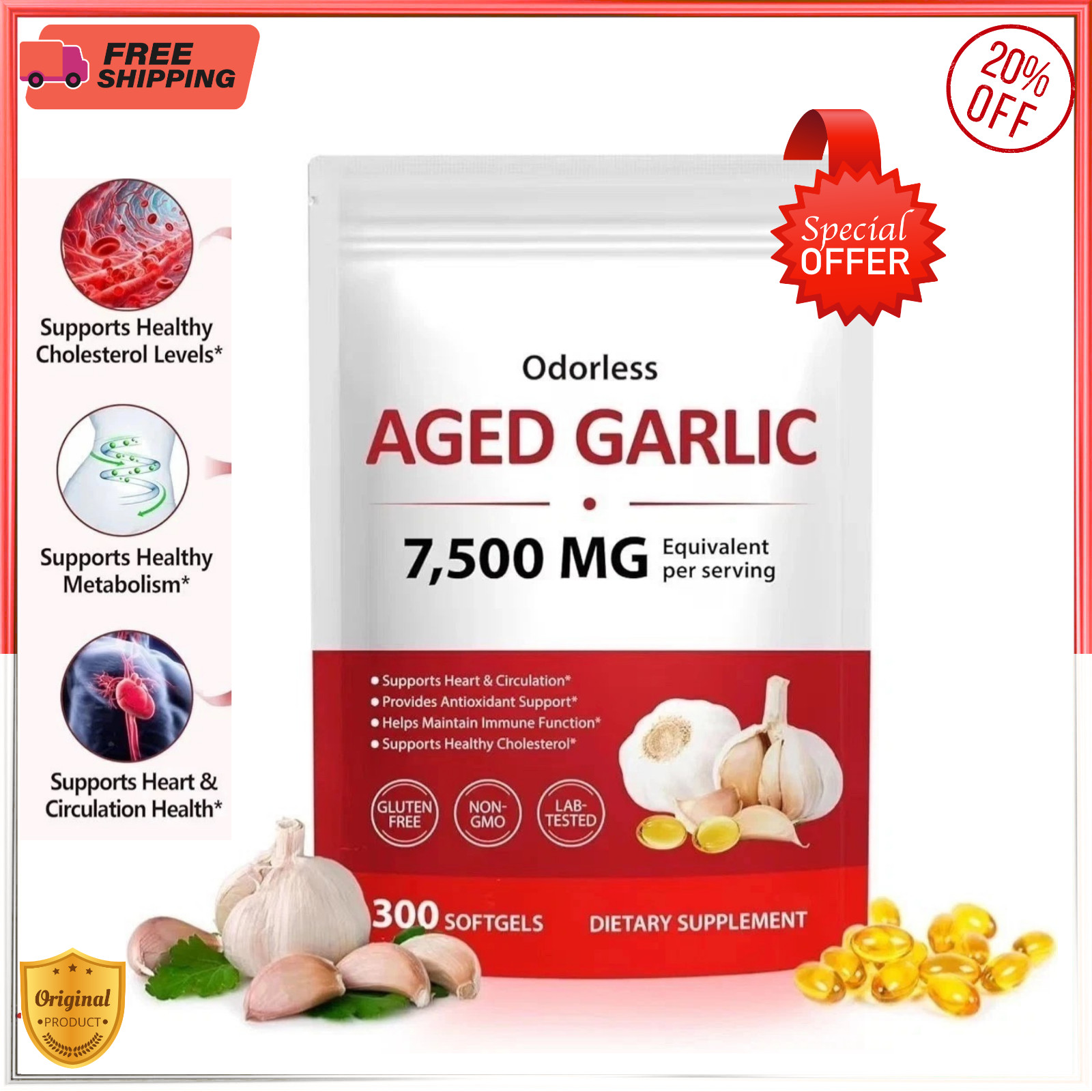 Odorless Garlic 7500Mg per Servings, 300 Softgels | 2 Years Aged Garlic Extra…