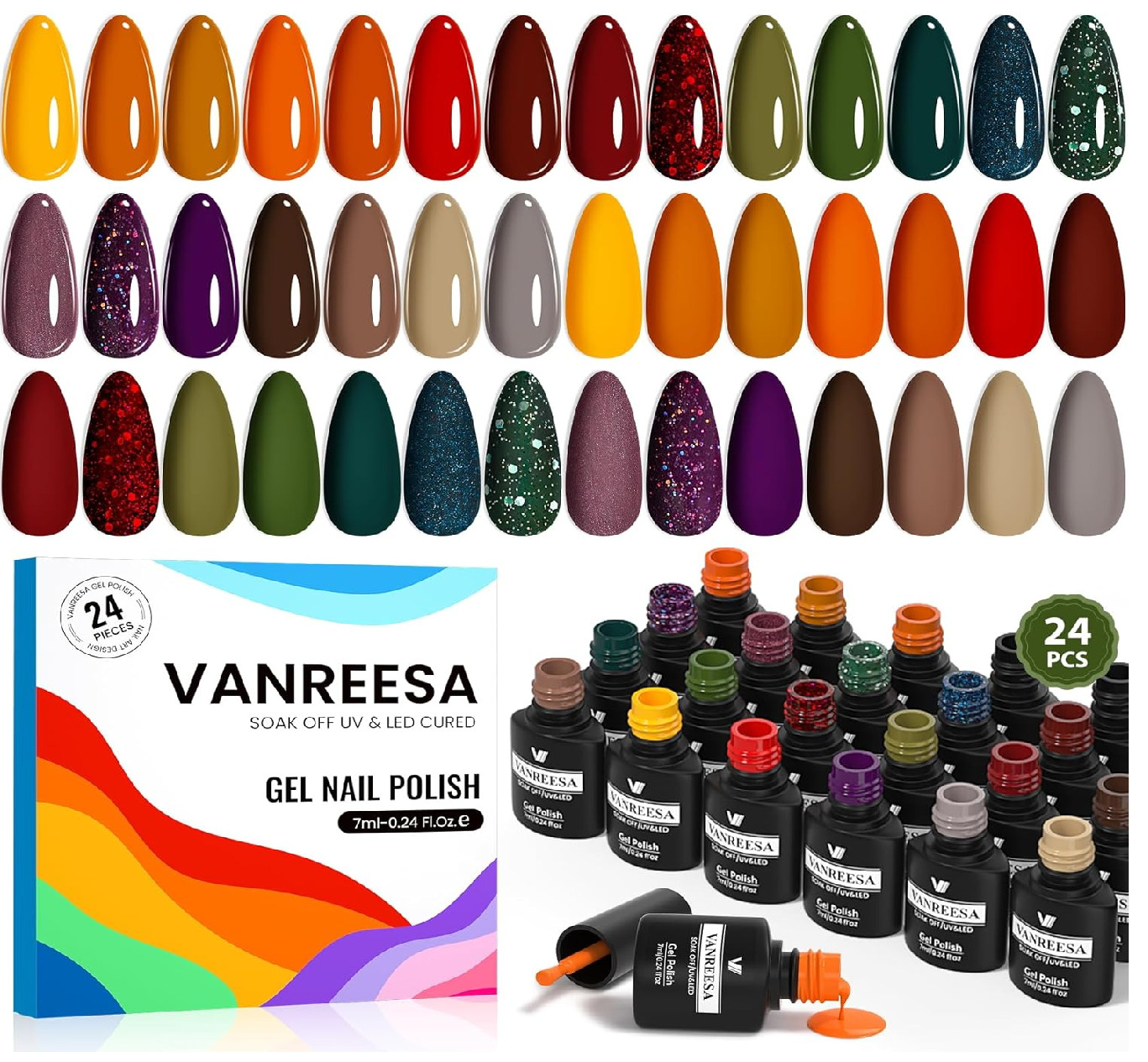 VANREESA 24 Pcs Fall Gel Nail Polish Set, 21 Colors Gel Polish with Base Coat Gl