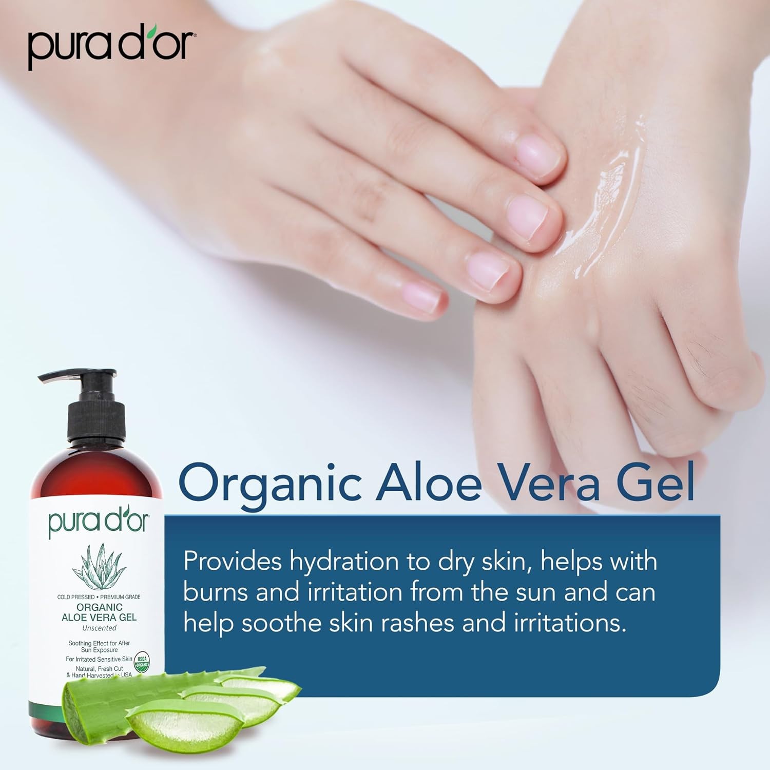 Organic Aloe Vera Gel 16oz PURA D’OR Unscented Hydrating Skin Care
