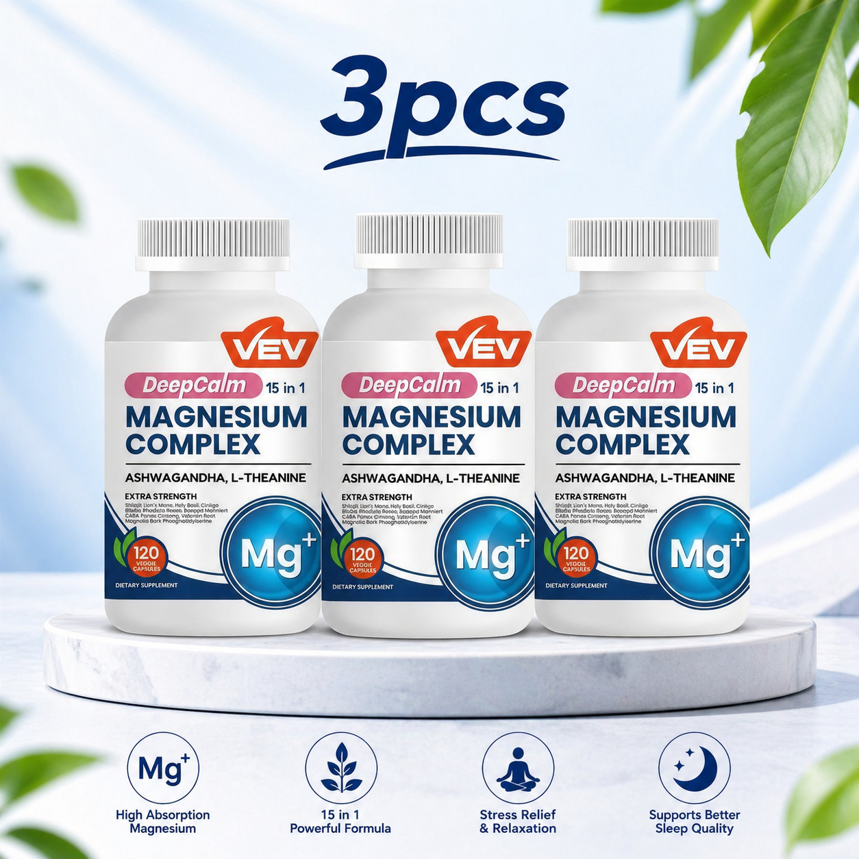 VEV DeepCalm Magnesium Complex 3 Pack 360 Capsules Ashwagandha L-Theanine