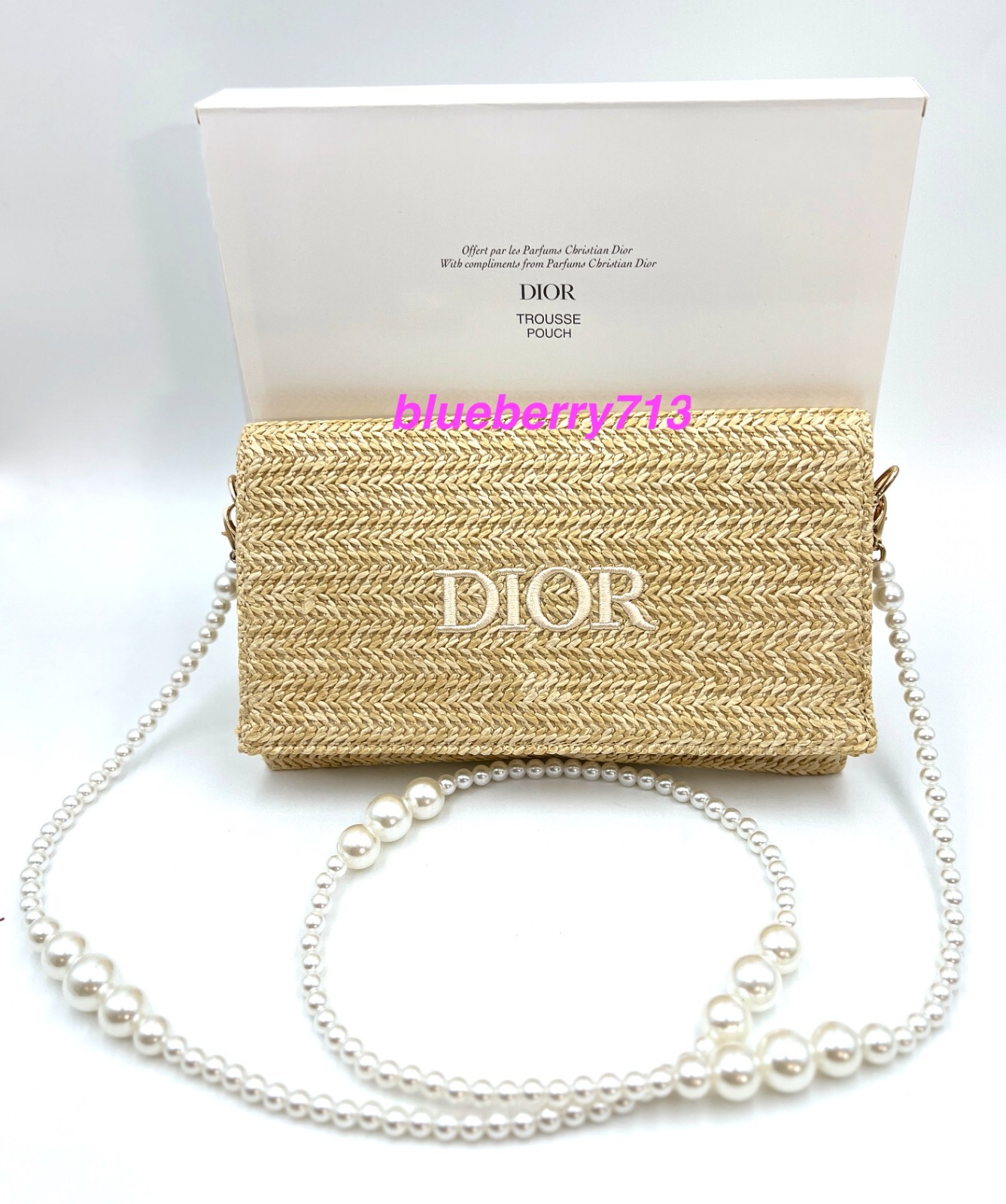 New! D ior Straw Beige Makeup Zipper Bag with Chain