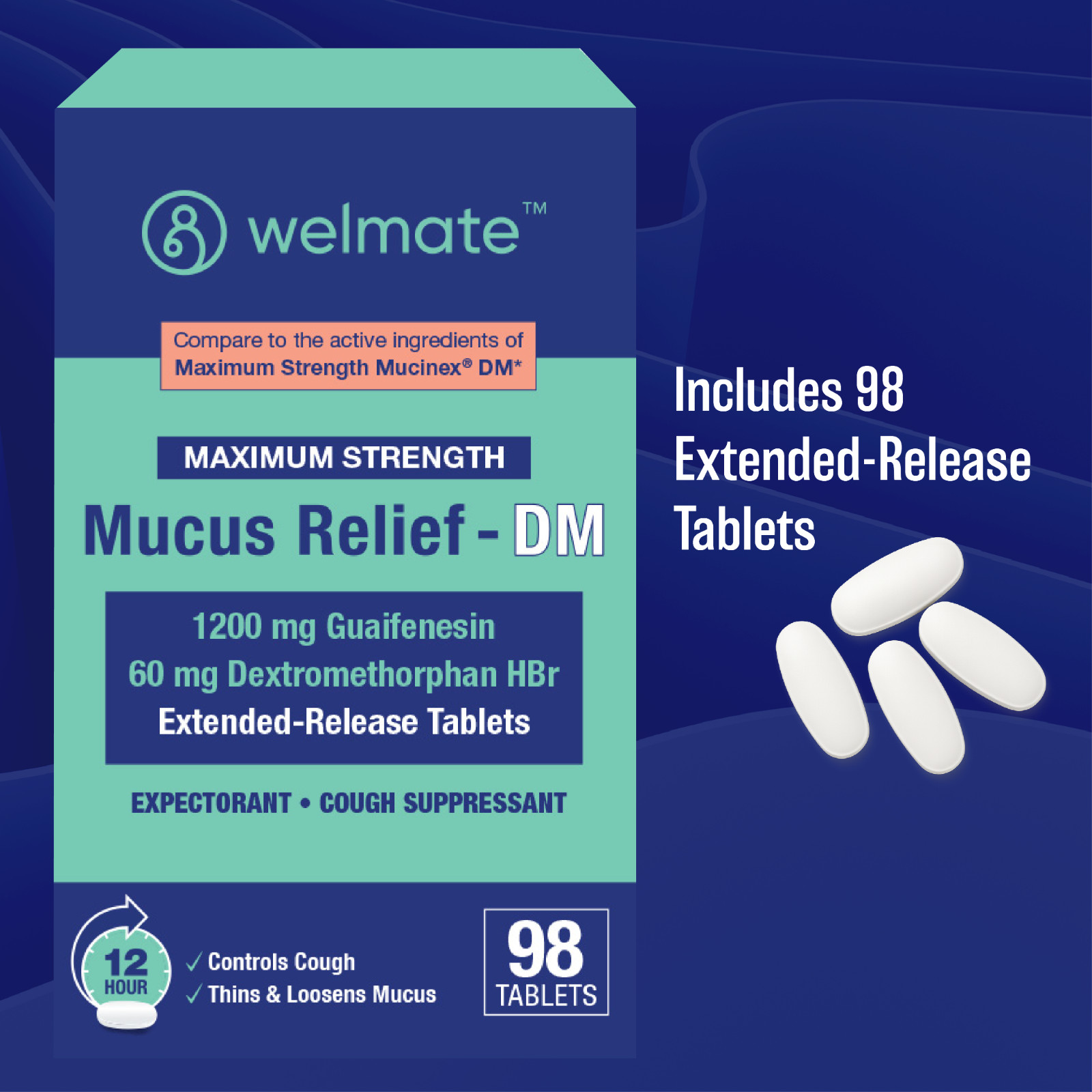WELMATE Mucus DM Guaifenesin Expectorant 98 Ct | (Generic Mucinex DM)