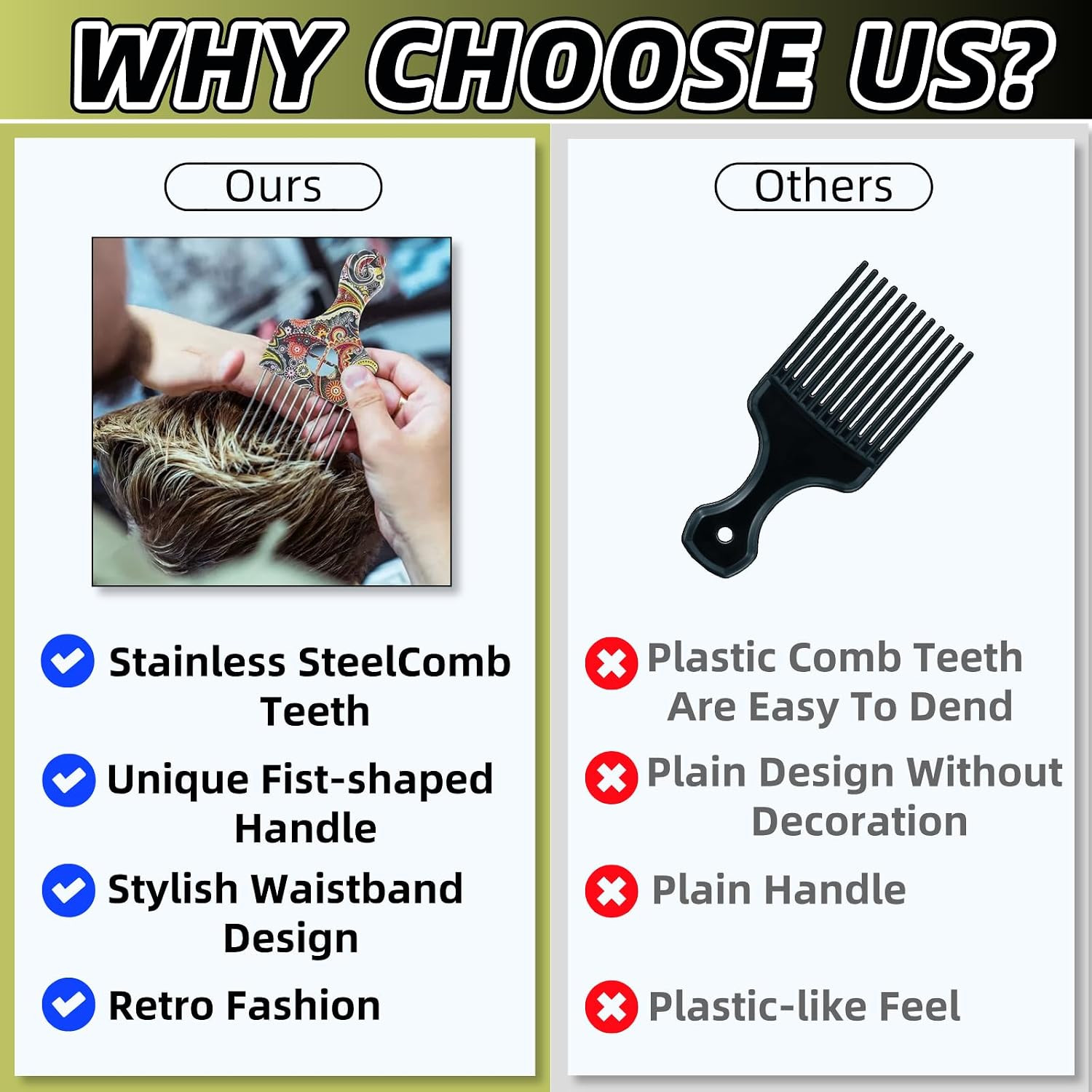 2 Pack Stainless Steel Professional Hair Styling Pick Comb Hair Afro Pick Wide T
