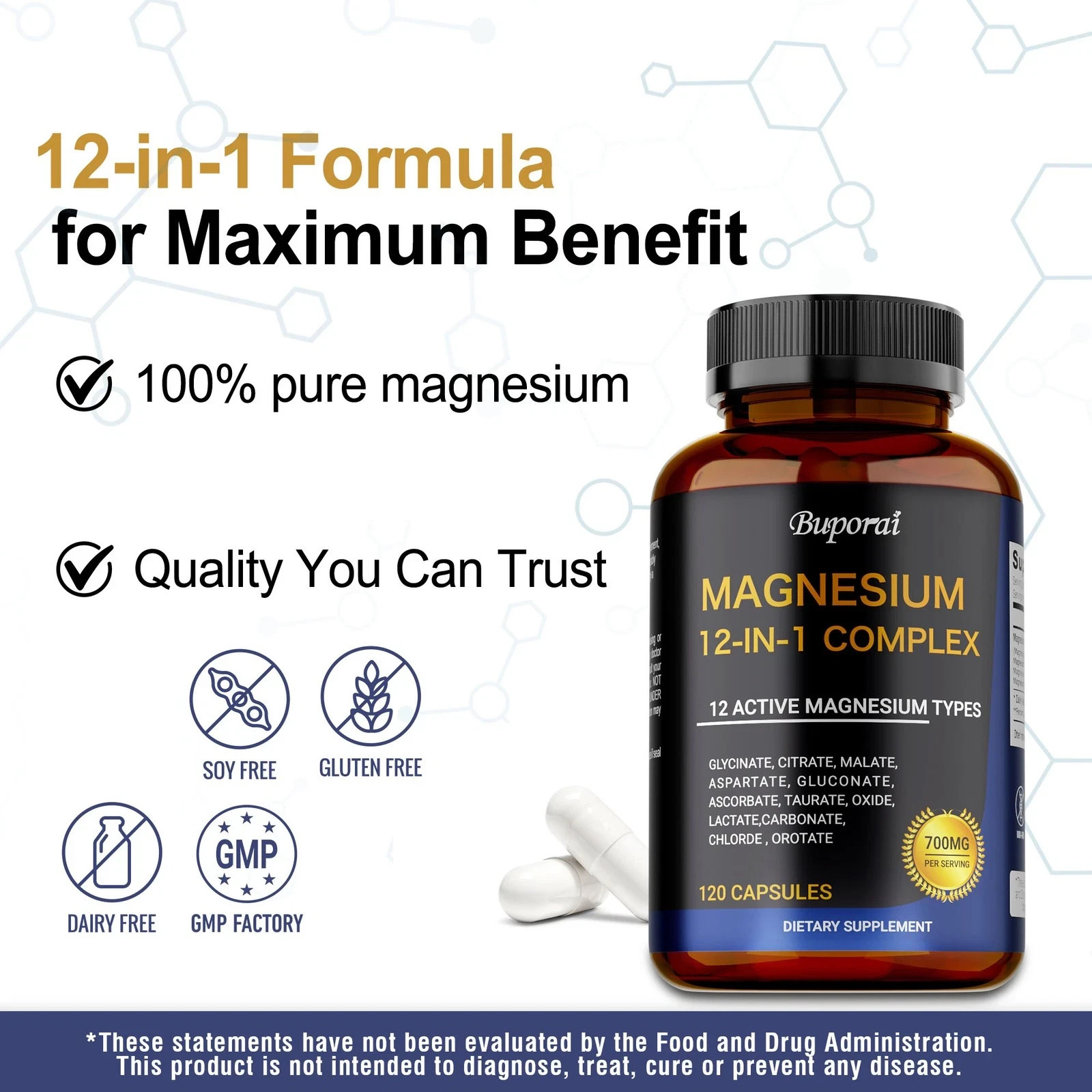 Magnesium Complex 12 in 1 Magnesium Glycinate/Citrate/Malate/Orotate USA 3X120C