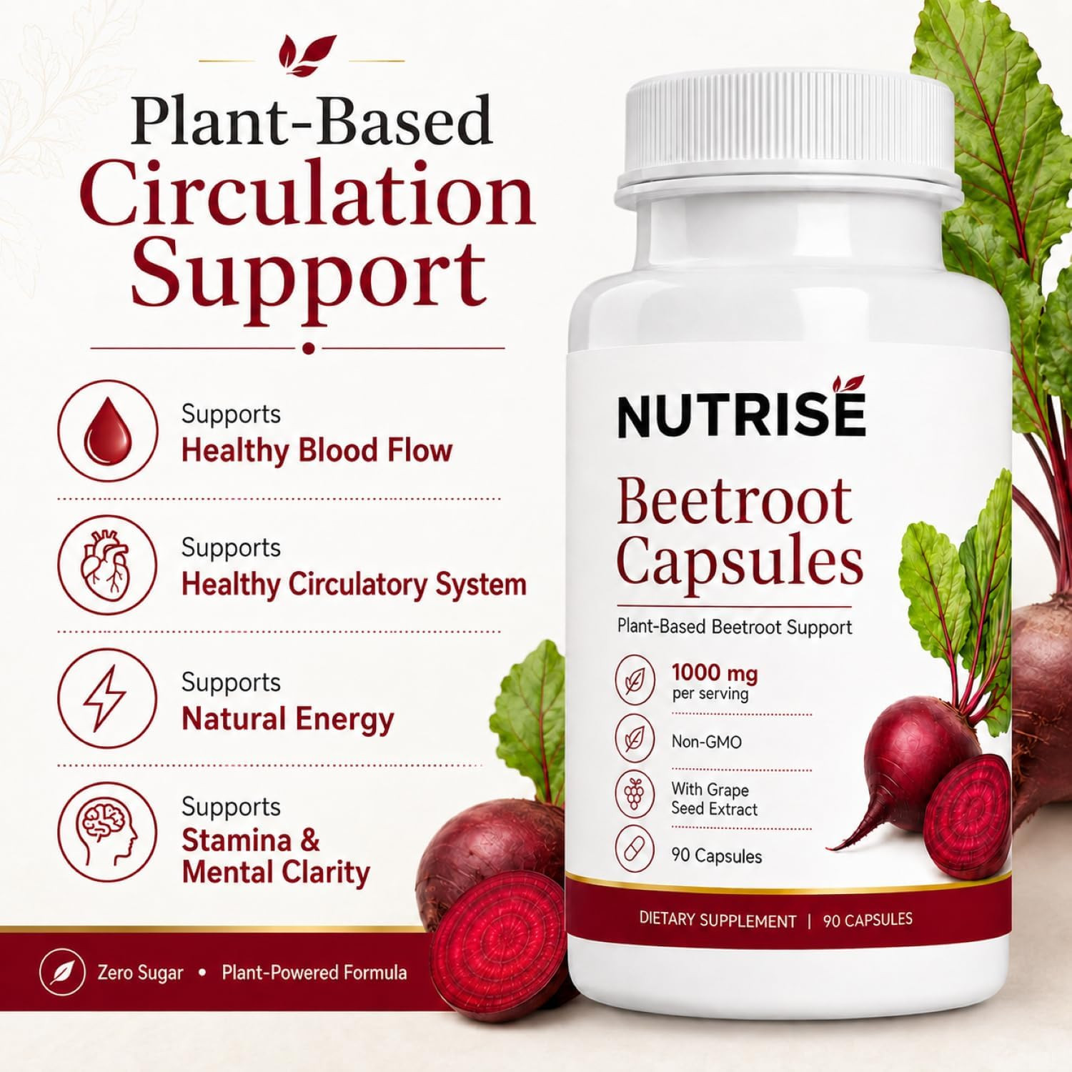 Nutrise Beetroot Capsules，Vegan, Non-Gmo, Gluten-Free, 90 Capsules