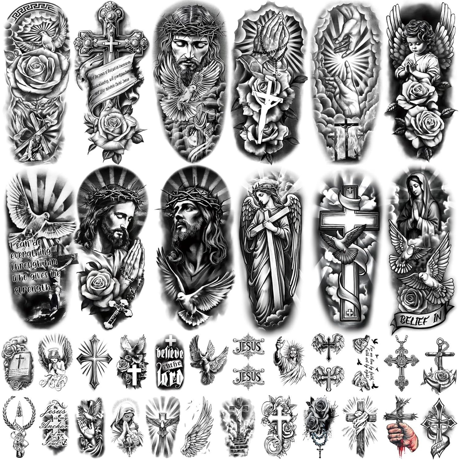 77 Sheets Christian Temporary Tattoo Adult Men Women Kids Religious Jesus Cross