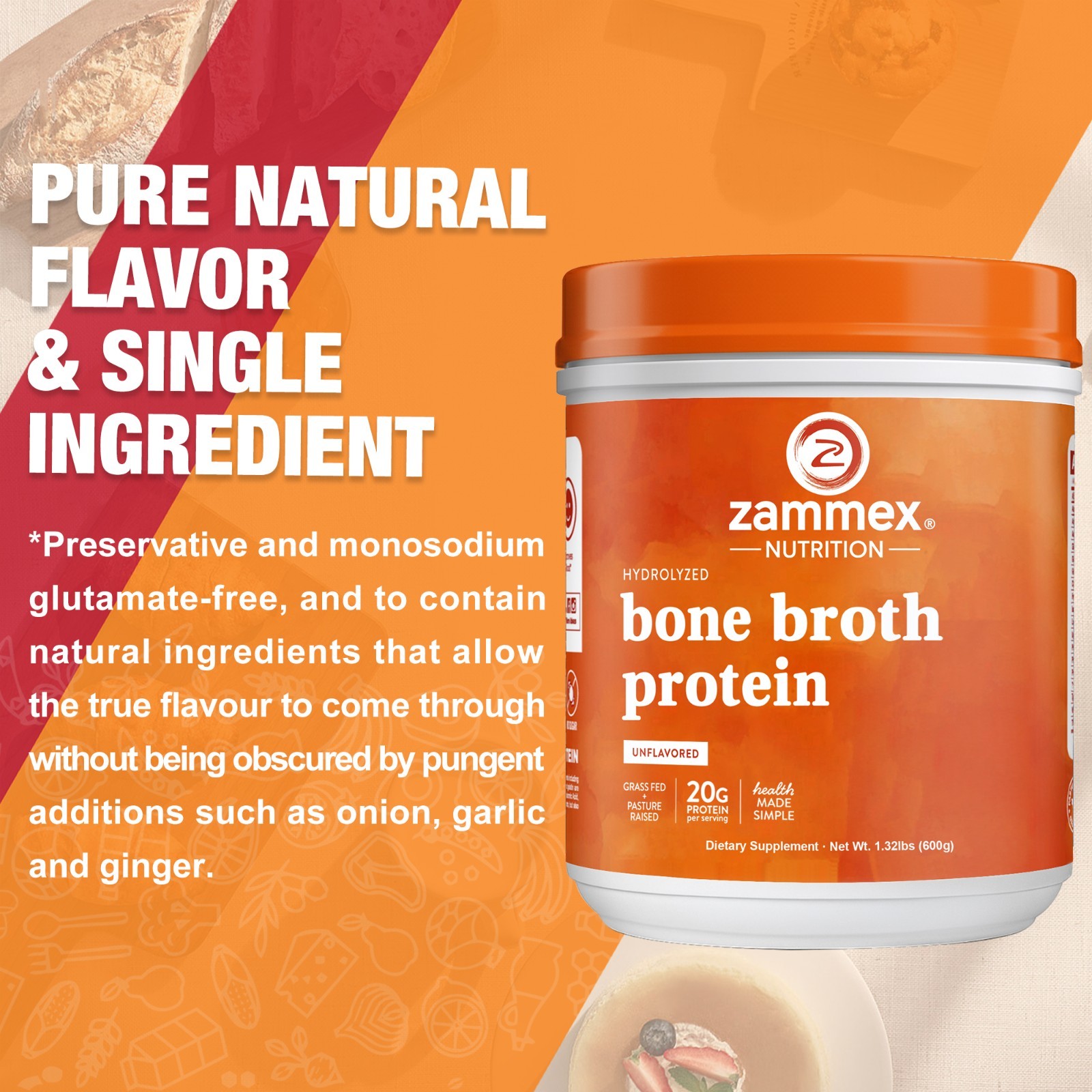 Bone Broth protein Powder Pure Protein Organics Grass Fed Beef(1.32LB-600g)
