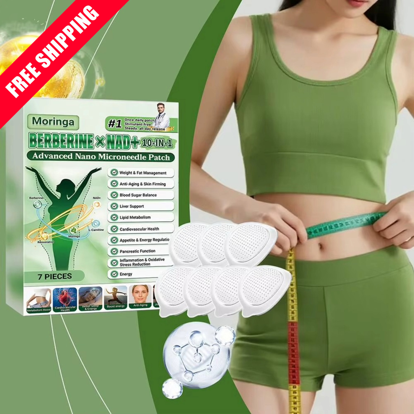 10-in-1 Moringa Berberine Weight Loss Patch Nano Microneedle Slimming 7pcs