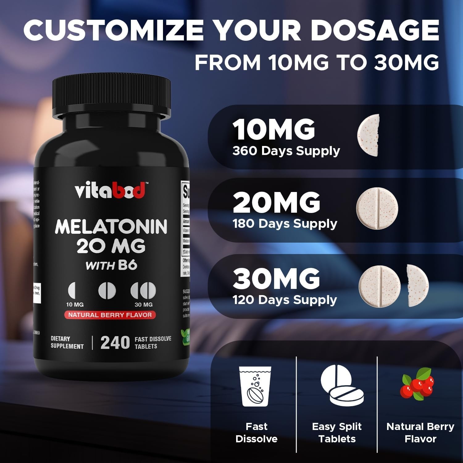 Melatonin 20 Mg – 240 Fast Dissolve Tablets – Drug Free – Natural Berry Flavor –