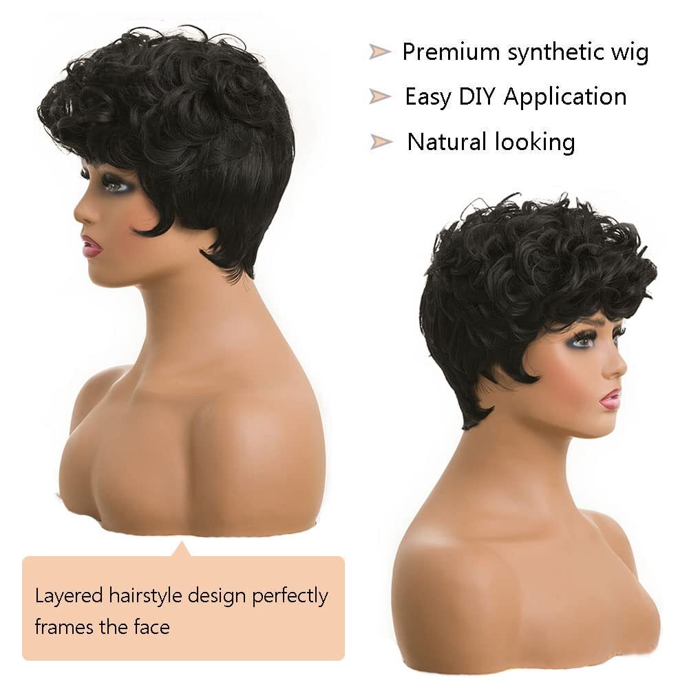 Short Curly Layered Pixie Cut Wigs for Women Human Hair Wave Wigs None Lace USA
