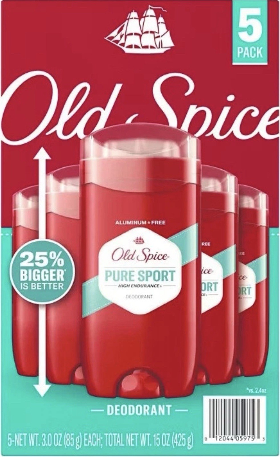 5pack Old Spice High Endurance Deodorant, 48 Hour Protection, Pure Sport 2.4 oz