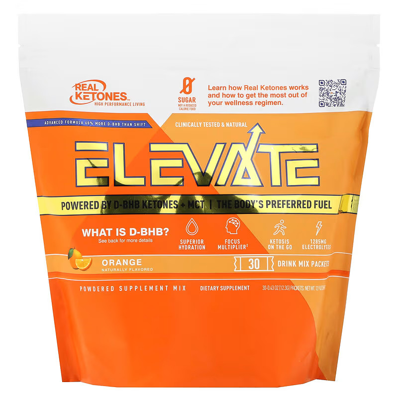 Real Ketones ELEVATE 60 Days Supply Packets, BHB, MCT, Orange &Mixed Berry, 2028