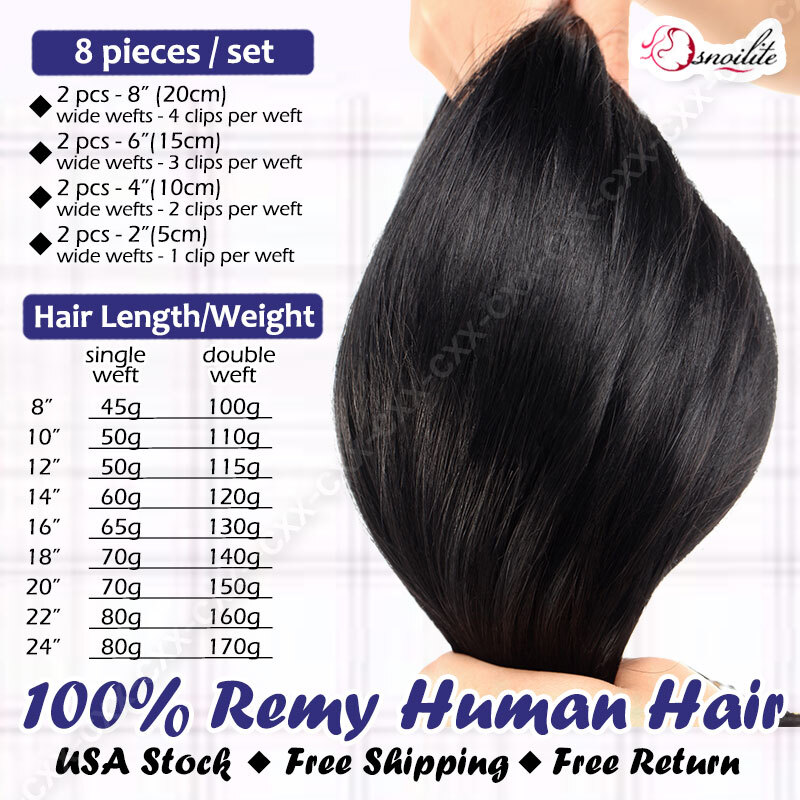 Thick Double Weft Seamless Clip In Real Remy Human Hair Extensions Full Head USA