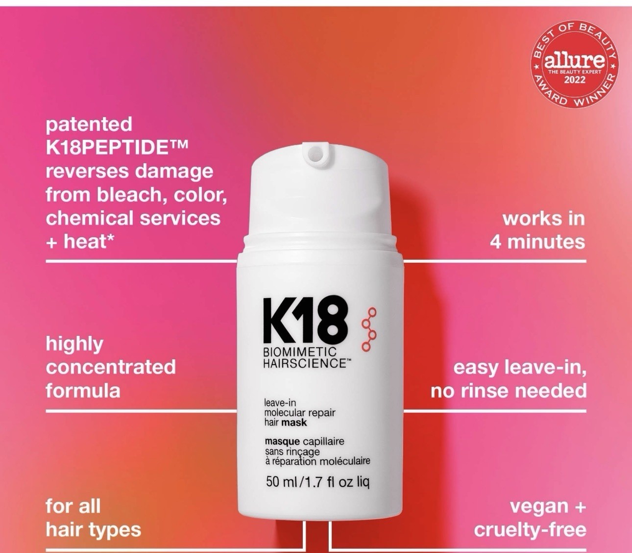 K18 Biomimetic Hairscience Leave-In Molecular Repair Hair Mask 0.5oz/15ml