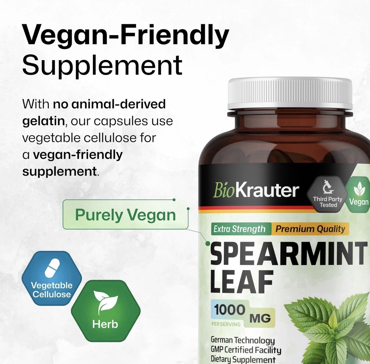 BioKrauter Spearmint Leaf 1000mg Vegan Capsules 250 ct GMO Free No Fillers