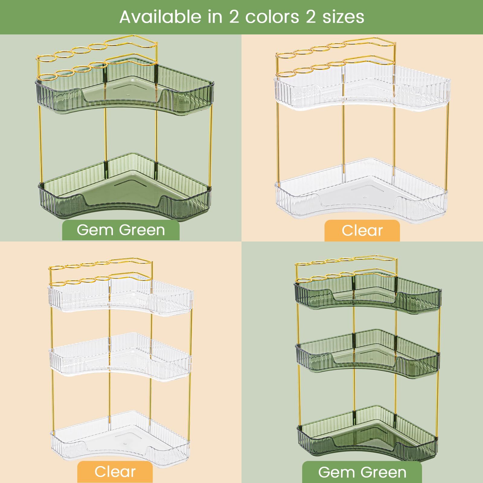 3-Tier Green Corner Makeup Organizer Countertop with Brush Holder for Bathroom