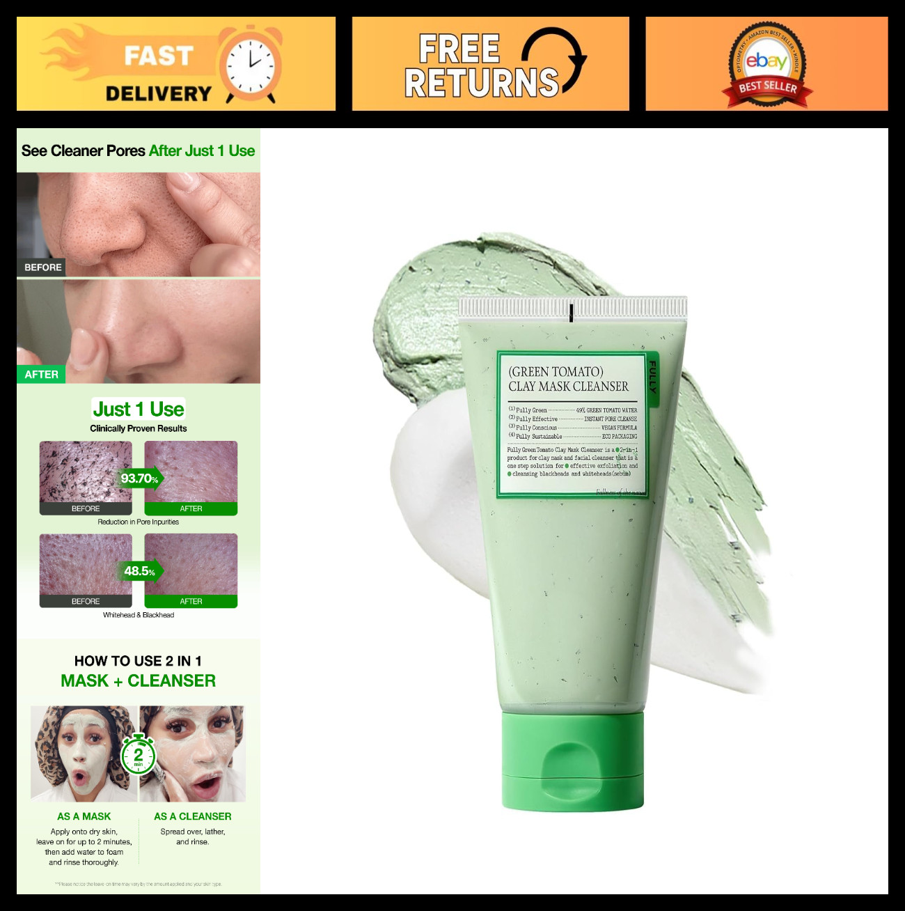 Deep Pore Cleanser Clay Mask, Green Tomato Face Wash for Blackhead Control, Kore