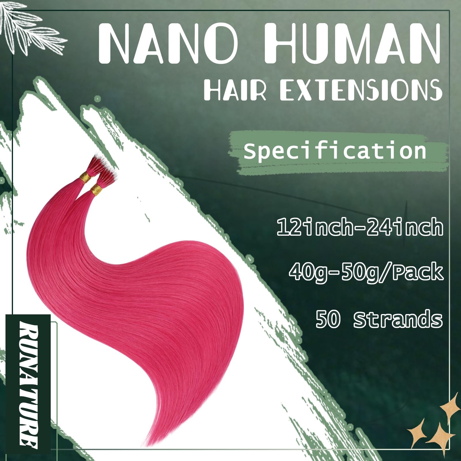 Runature Hot Pink Nano Bead Hair Extensions Human Hair 22 Inch 50G 50S