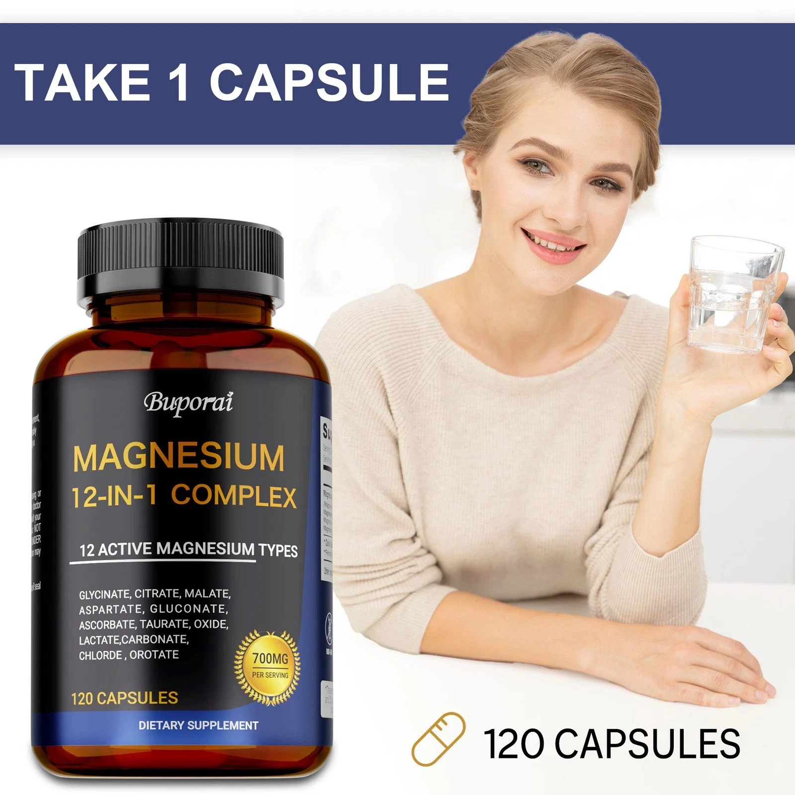 Magnesium Complex 12 in 1 Magnesium Glycinate/Citrate/Malate/Orotate USA 3X120C