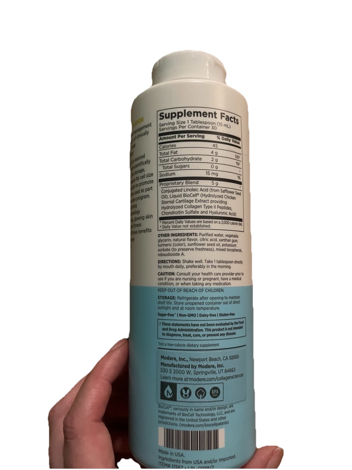 Modere Trim Liquid CLA Collagen/HA Lemon 15.2 fl oz Sugar-Free Non-GMO
