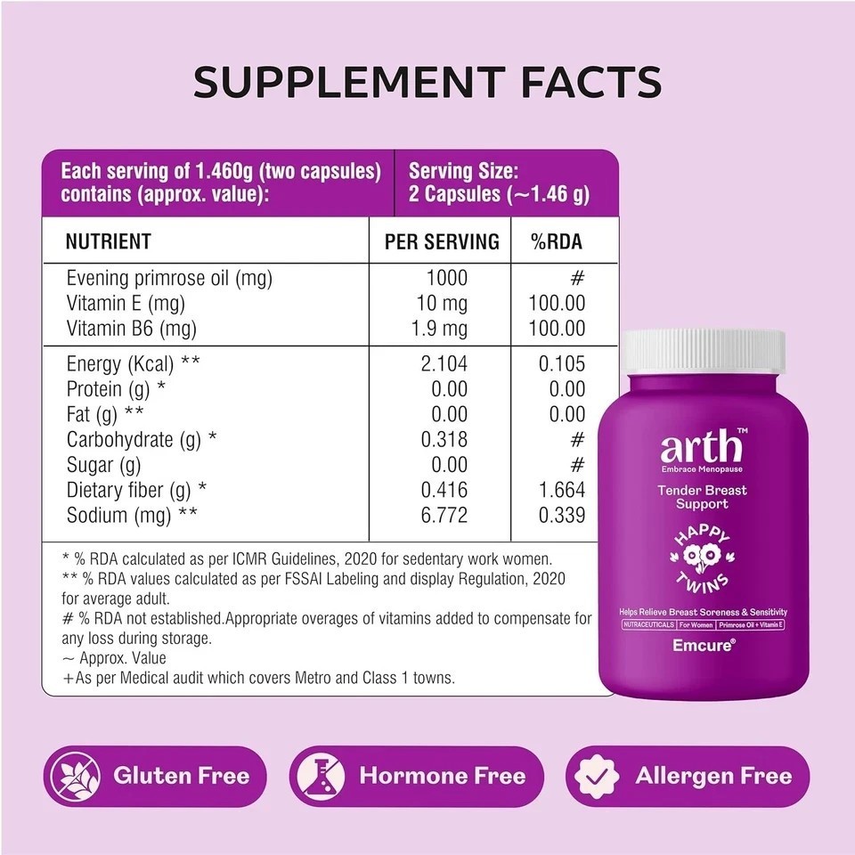 Emcure Arth Tender Breast Support, 1000mg Breast Care Capsules, 60 Veg Capsules