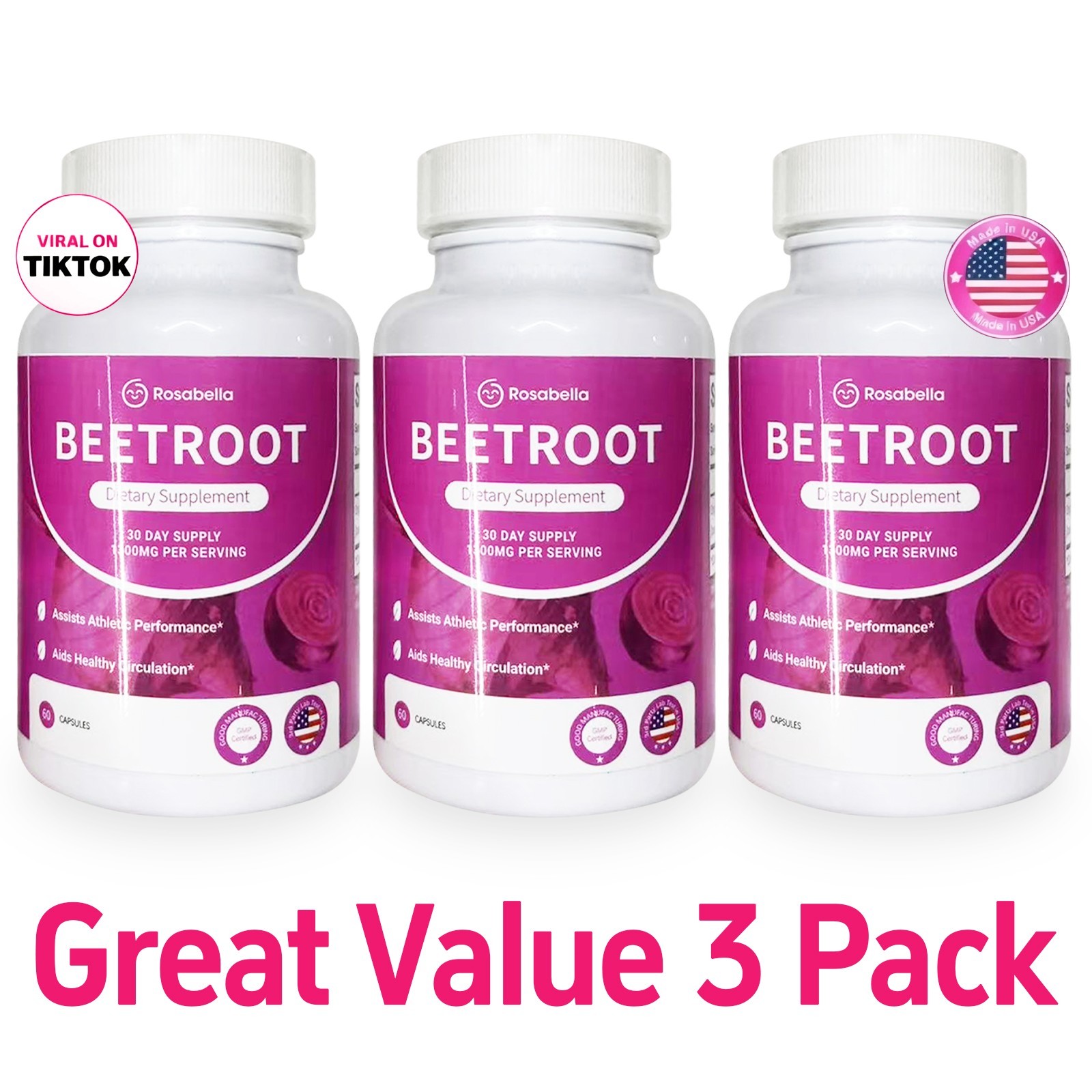 3Pcs Organic Rosabella Beet Root Natural Energy Boost Blood Pressure 60 Capsule