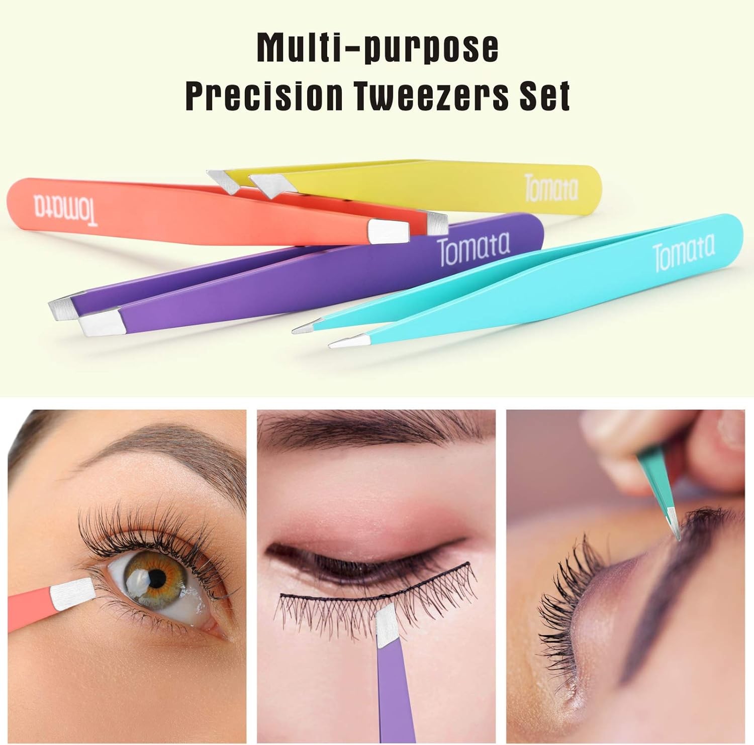 Tomata Tweezers for Eyebrows, Slant Tip and Pointed Eyebrow Tweezer Set