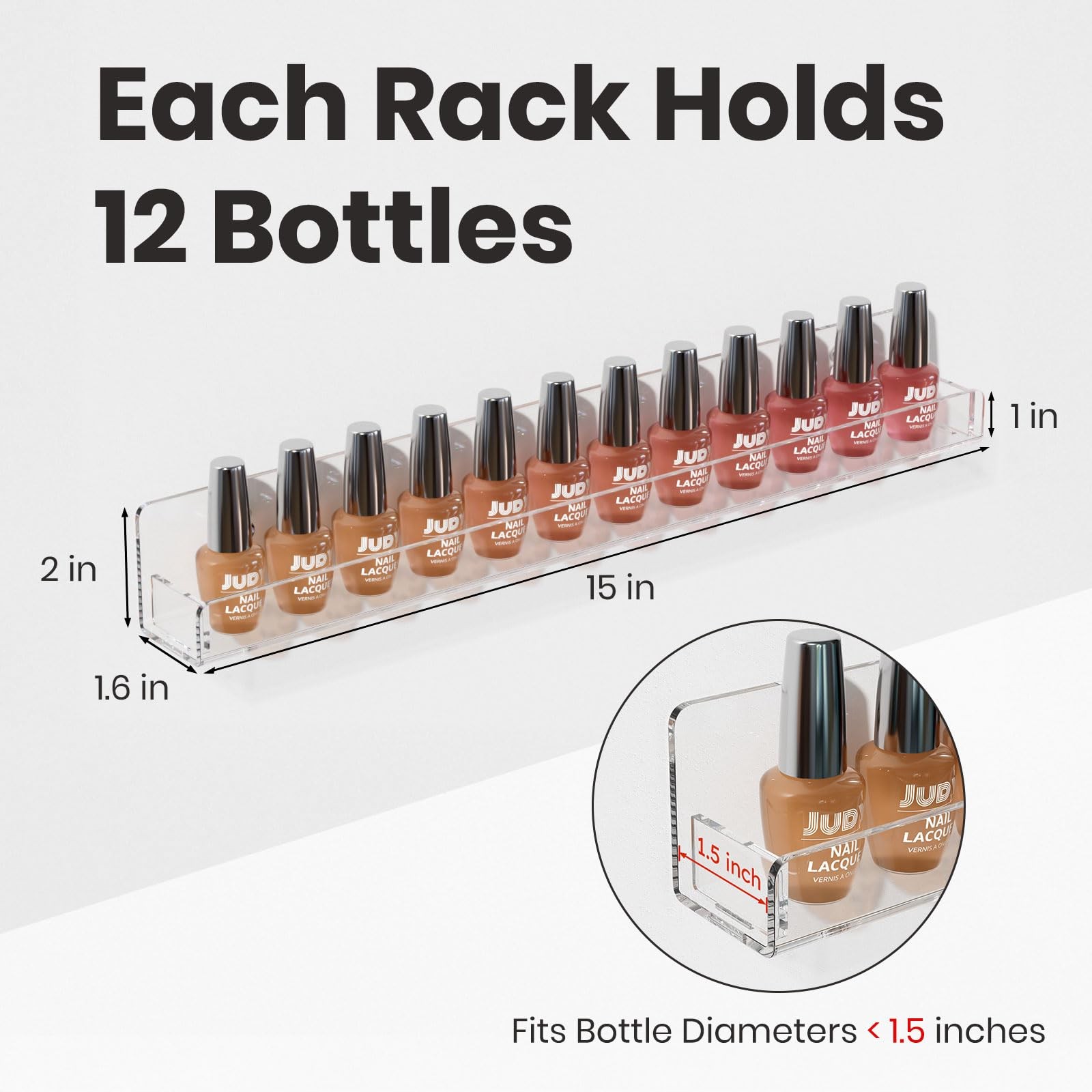 6 Pack Nail Polish Rack Wall Mounted Shelf with Removable Anti-Slip End Inser…