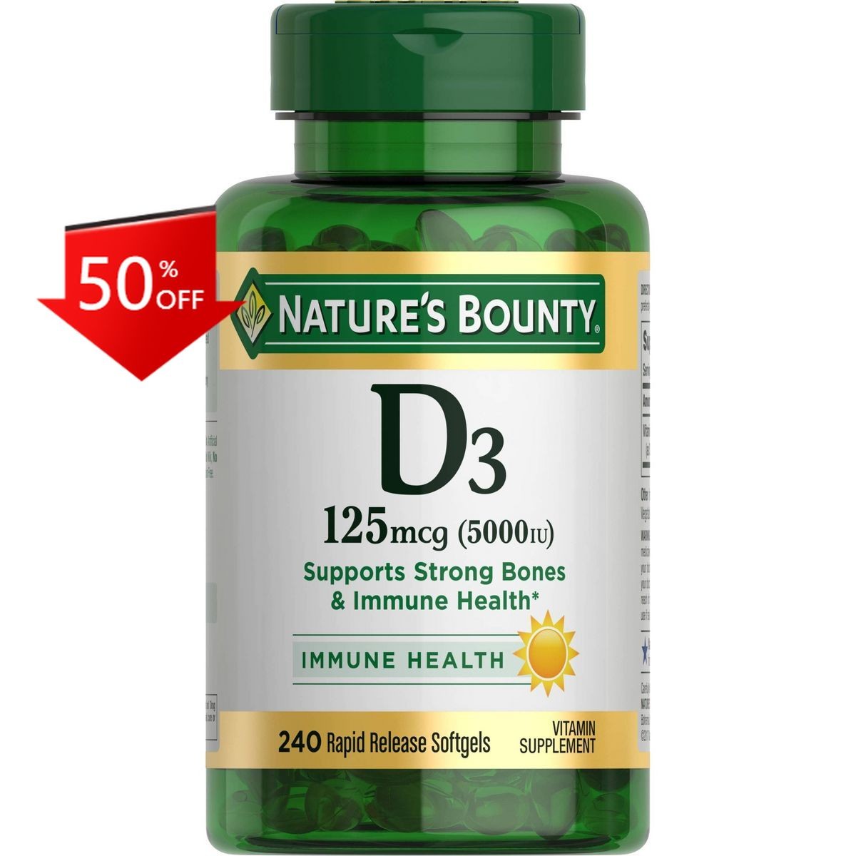 Nature’s Bounty Vitamin D3 5000IU Softgels -240ct:Health Supplement,Softgel Form