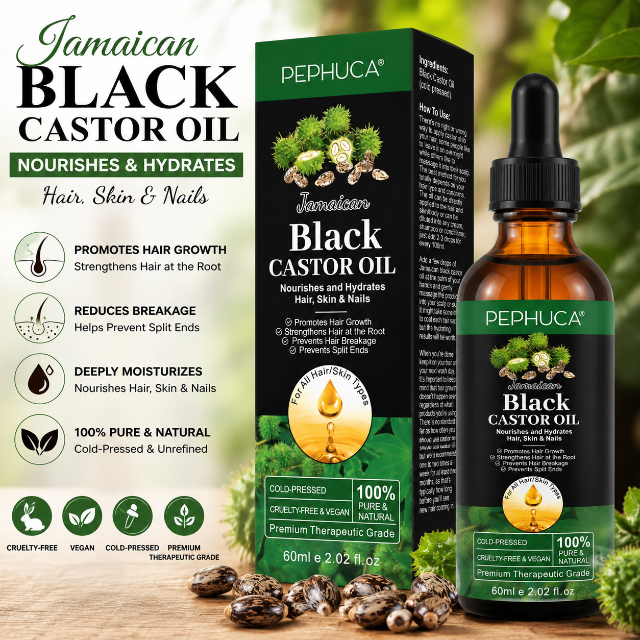 Pephuca Jamaican Black Castor Oil 2.02 oz Cold Pressed Hair Skin Nail Care