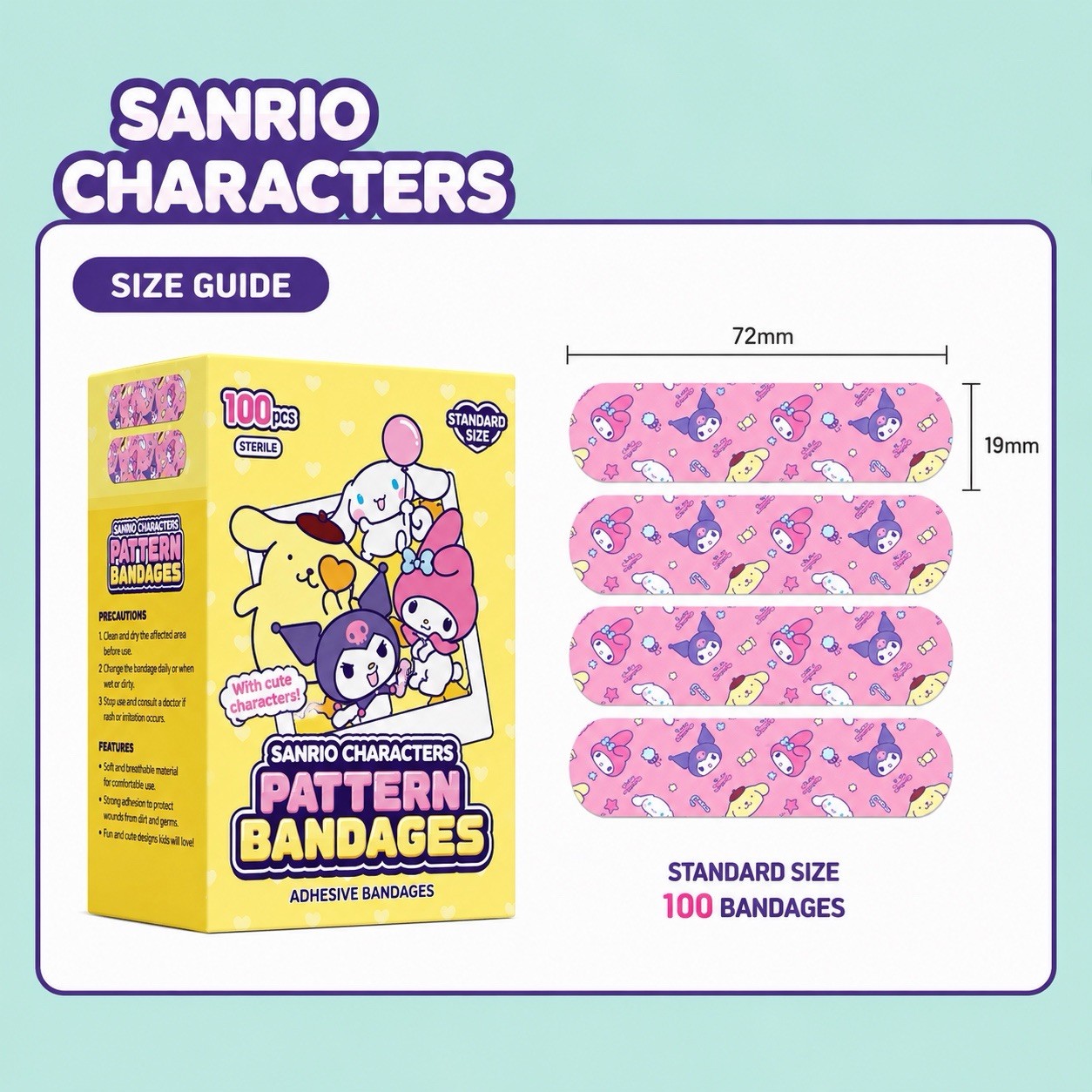 Sanrio Characters Pattern Bandages 100pcs Standard Size Cute Kids Adhesive