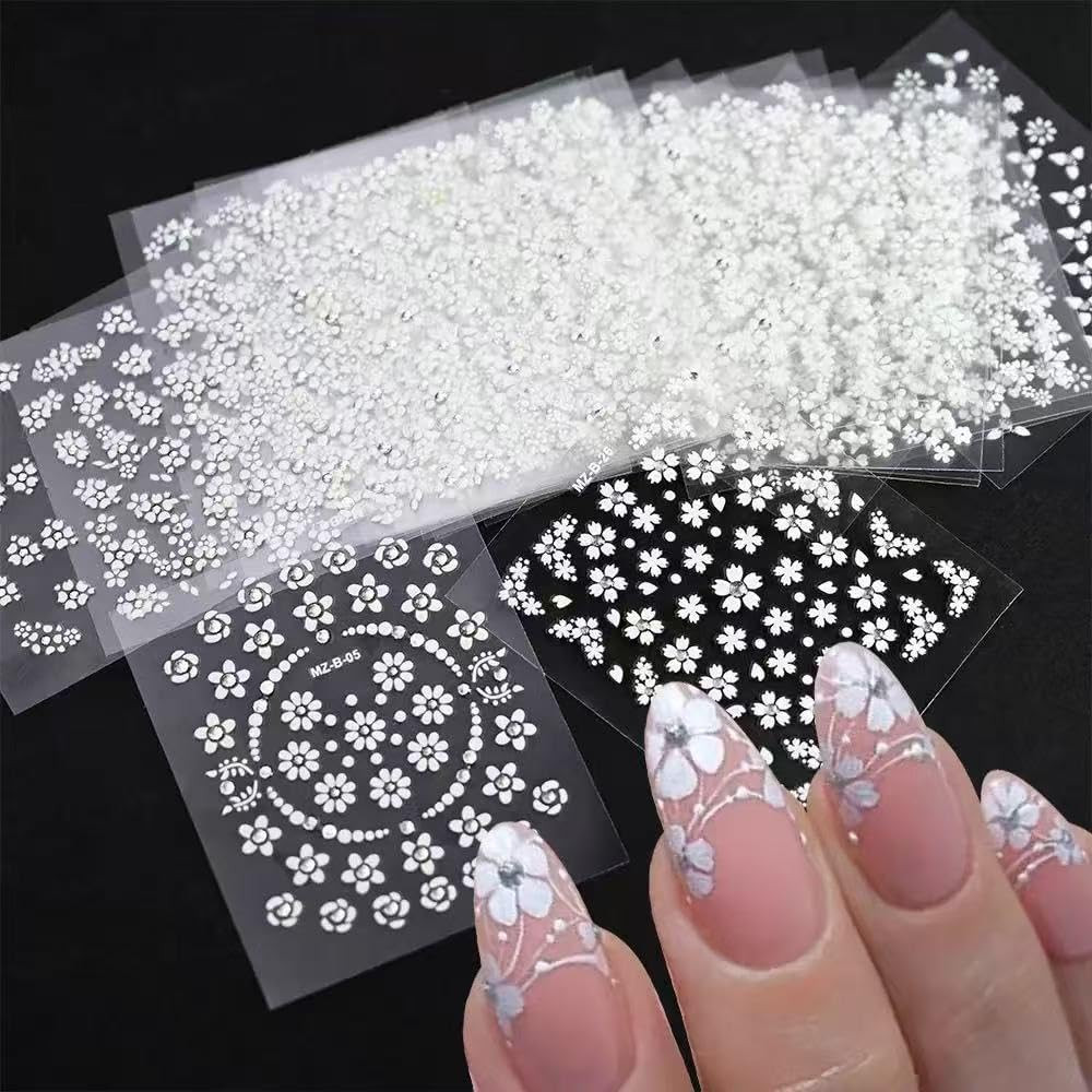 White Flower Nail Art Stickers White Flower with Rhinestones Nail Decals 3D Self