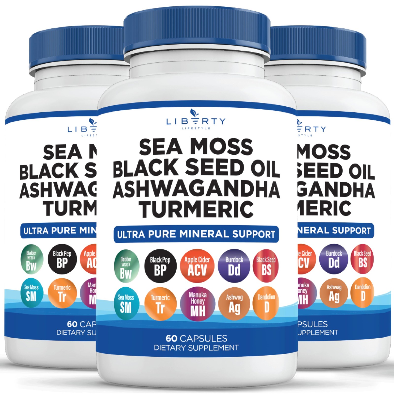 Liberty Lifestyle Sea Moss Black Seed Oil Ashwagandha 60 Count (Pack of 3)