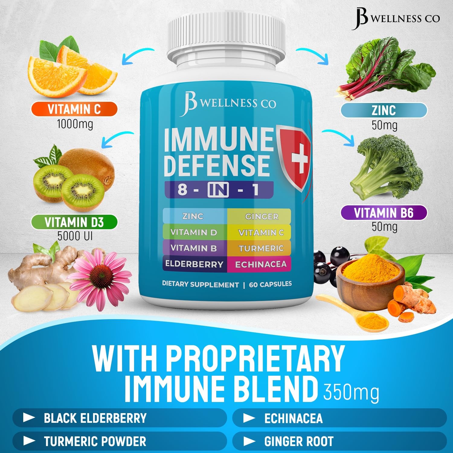 JB Wellness Co Immune Support 8 in 1 Capsules – Zinc 60 Count (Pack of 3)