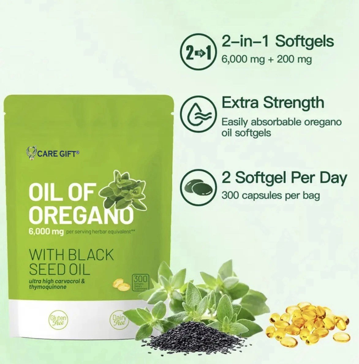Oil Of Oregano 6000mg-300 Softgel Capsules With Black Seed Oil