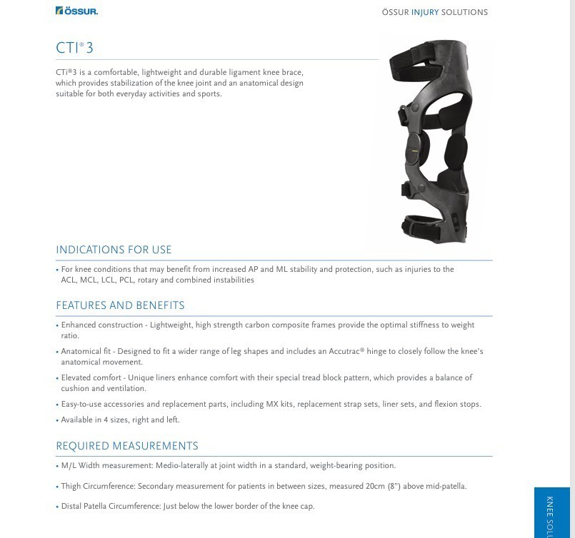 Ossur CTI3 Knee Brace for ACL, MCL, LCL, PCL or Instabilities – 33% OFF MSRP