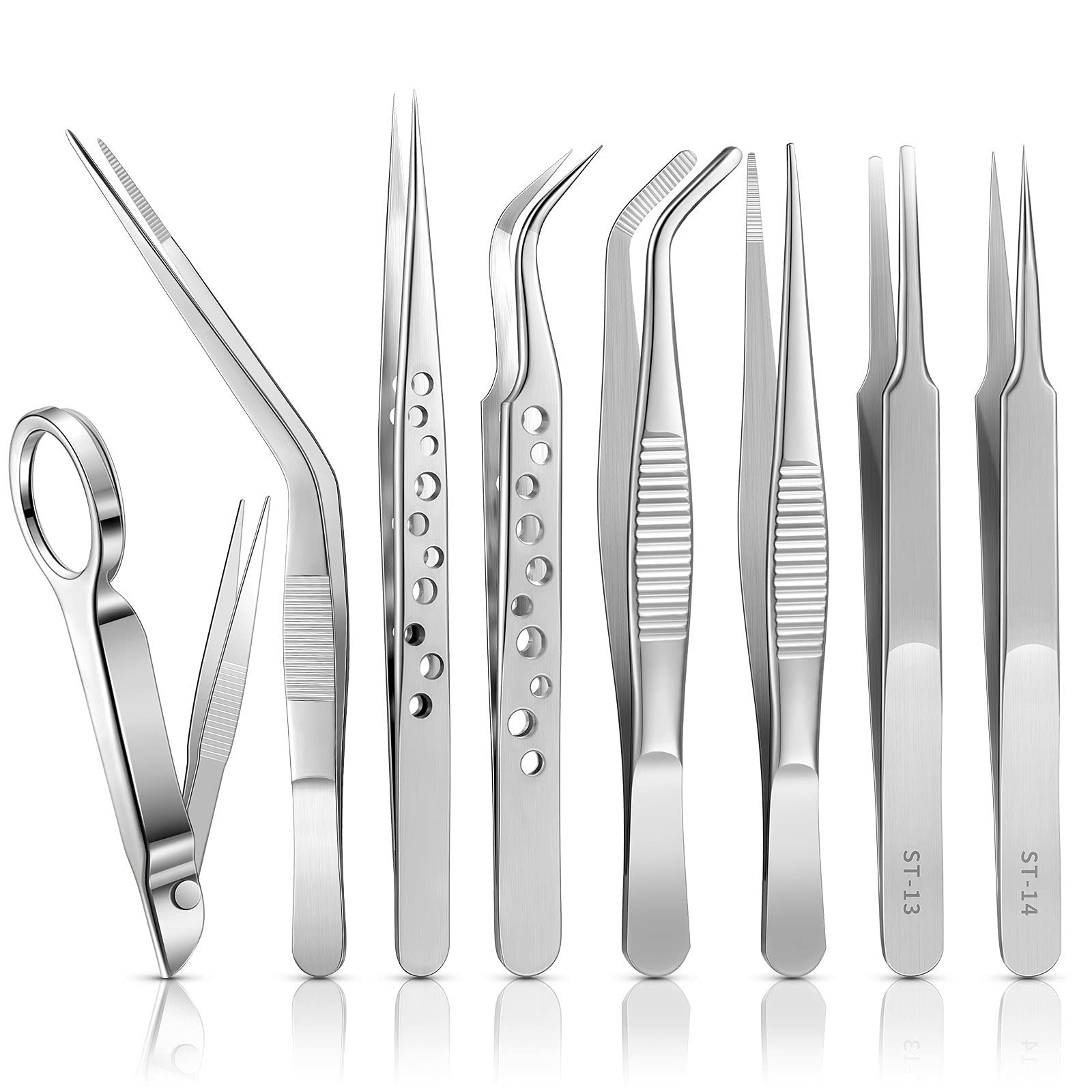 8 Pcs Stainless Steel Tweezers Set with Magnifying Glass – Curved, Straight & Fl