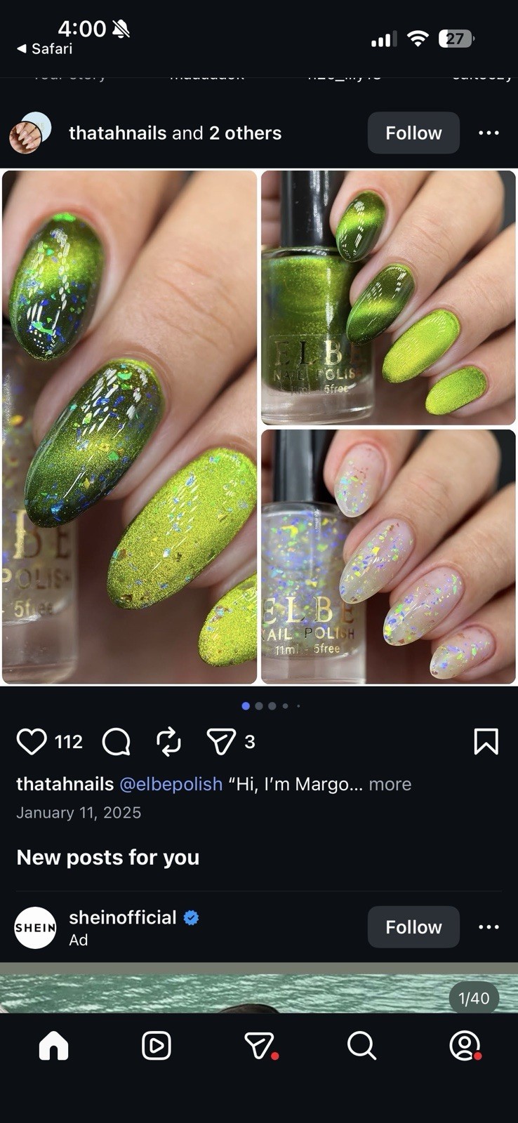 ELBE indie nail polish HHC 01/2025 HI, IM MARGO Duo Flakes GREEN Iridescent Jely
