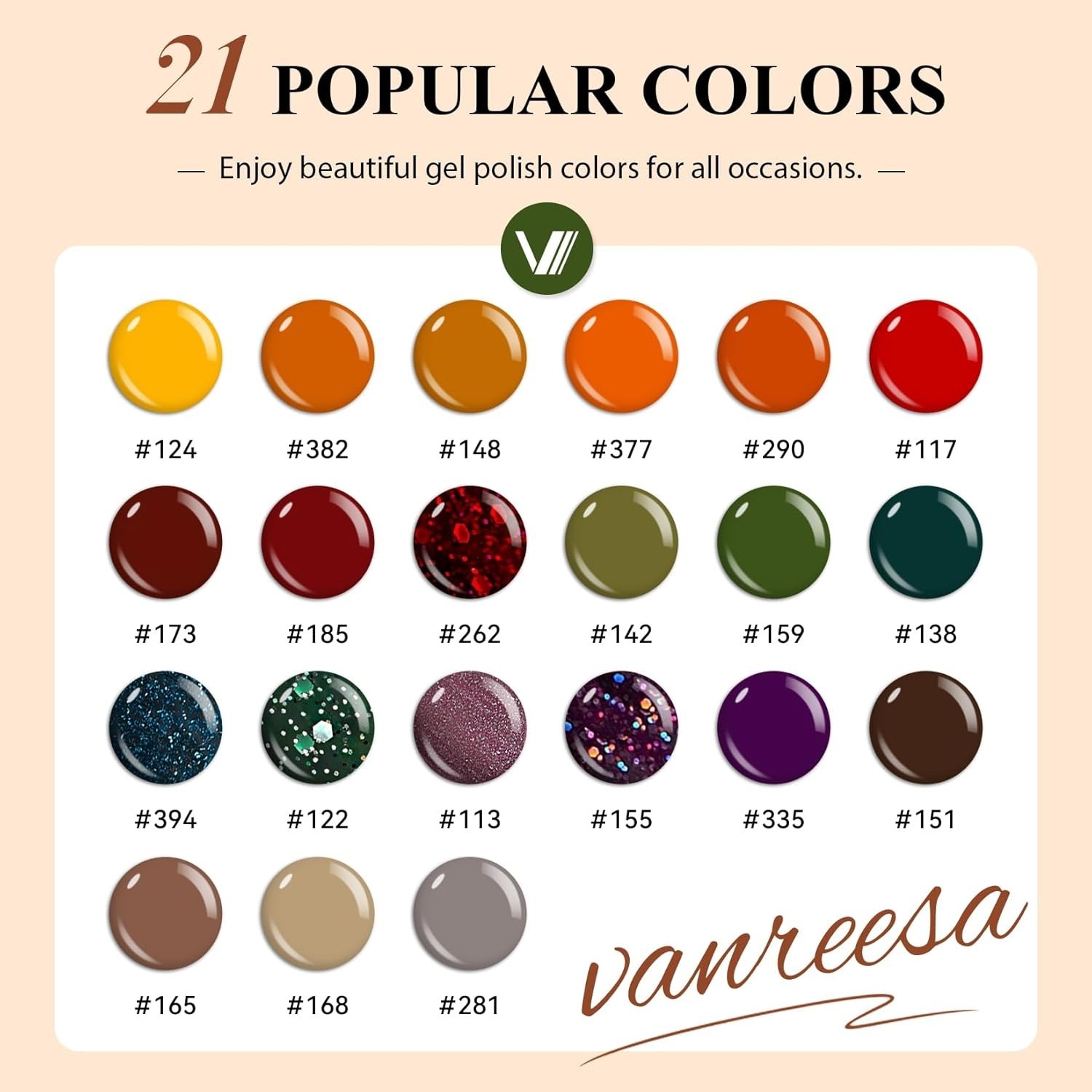 VANREESA 24 Pcs Fall Gel Nail Polish Set, 21 Colors Gel Polish with Base Coat Gl