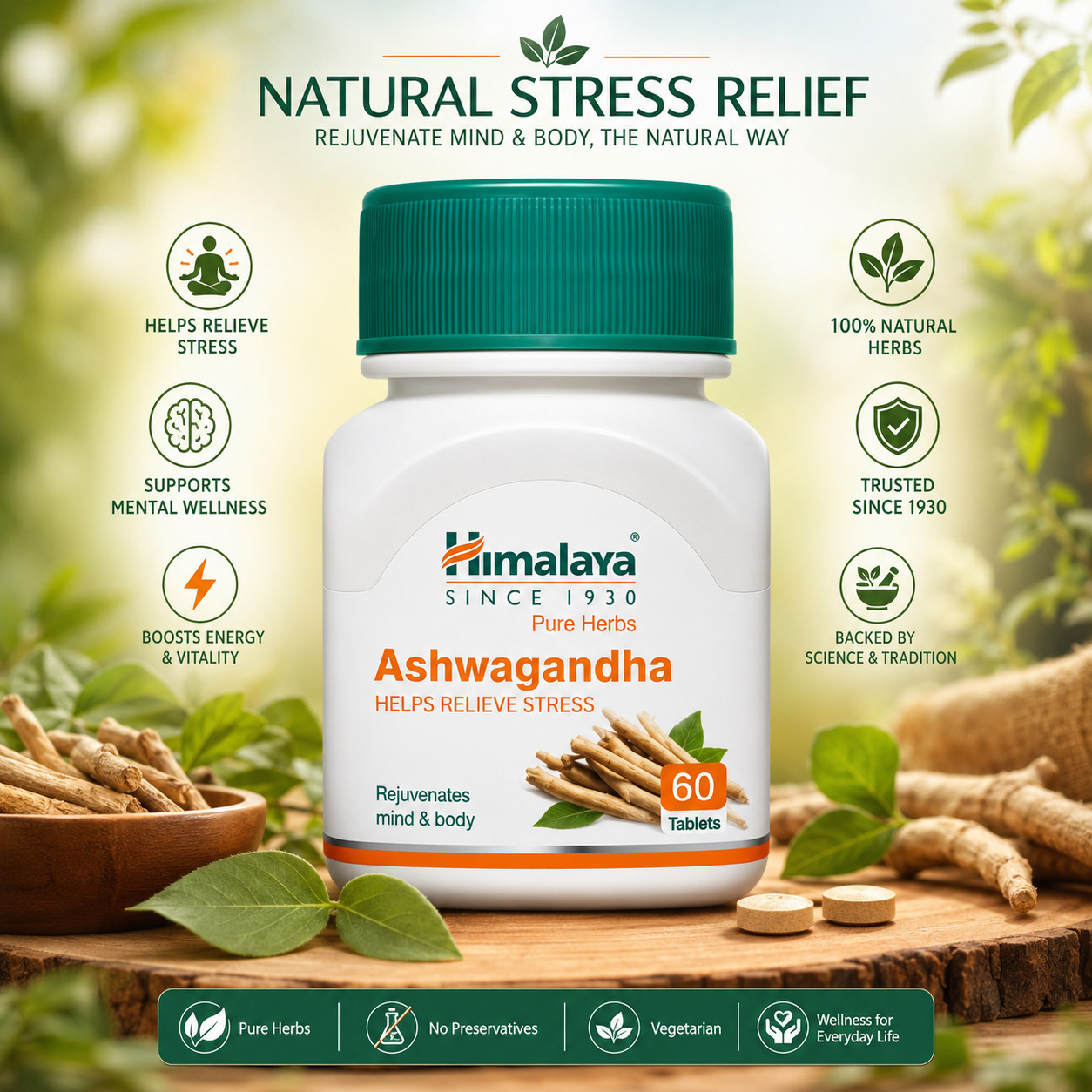 Himalaya Ashwagandha – General Wellness Tablets | Stress Relief | Rejuvenates X5