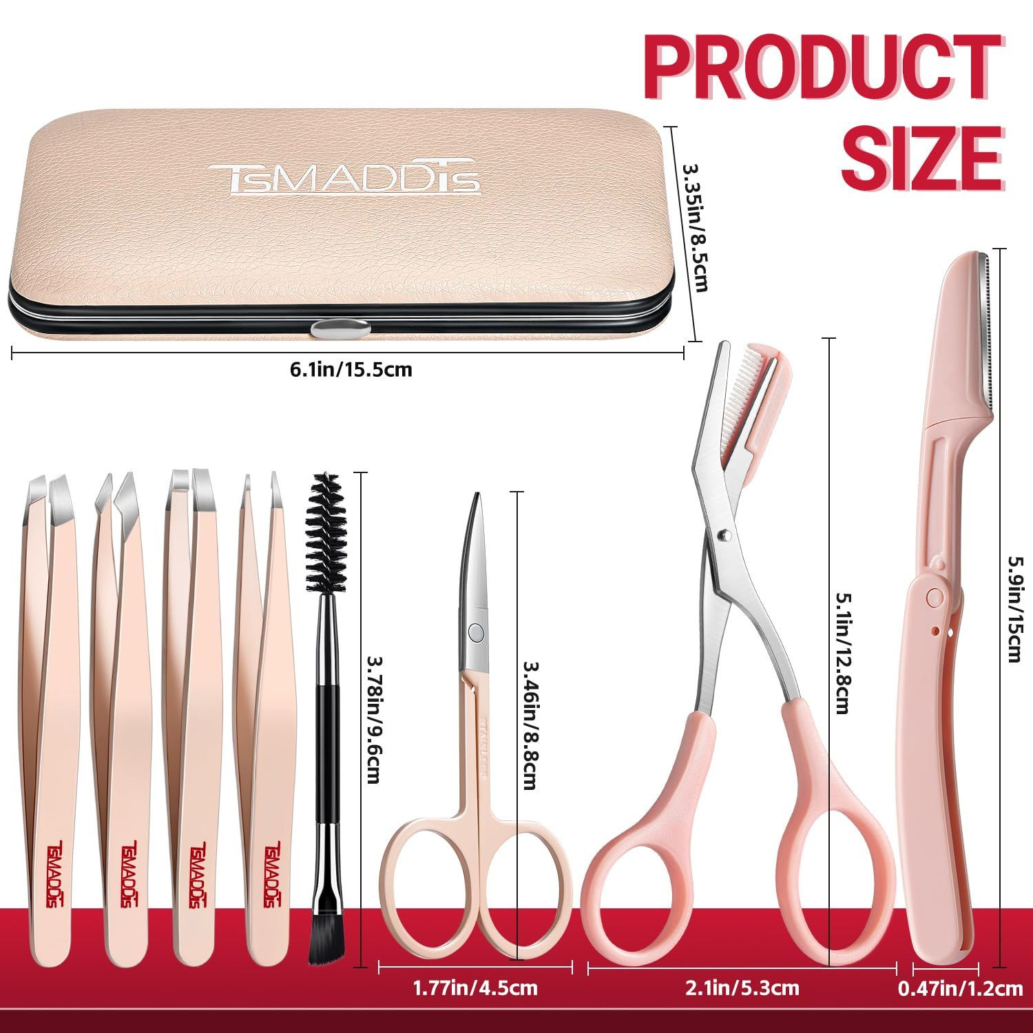TsMADDTs Tweezers for Women Facial Hair, 8 in 1 Eyebrow Kit with A-pink