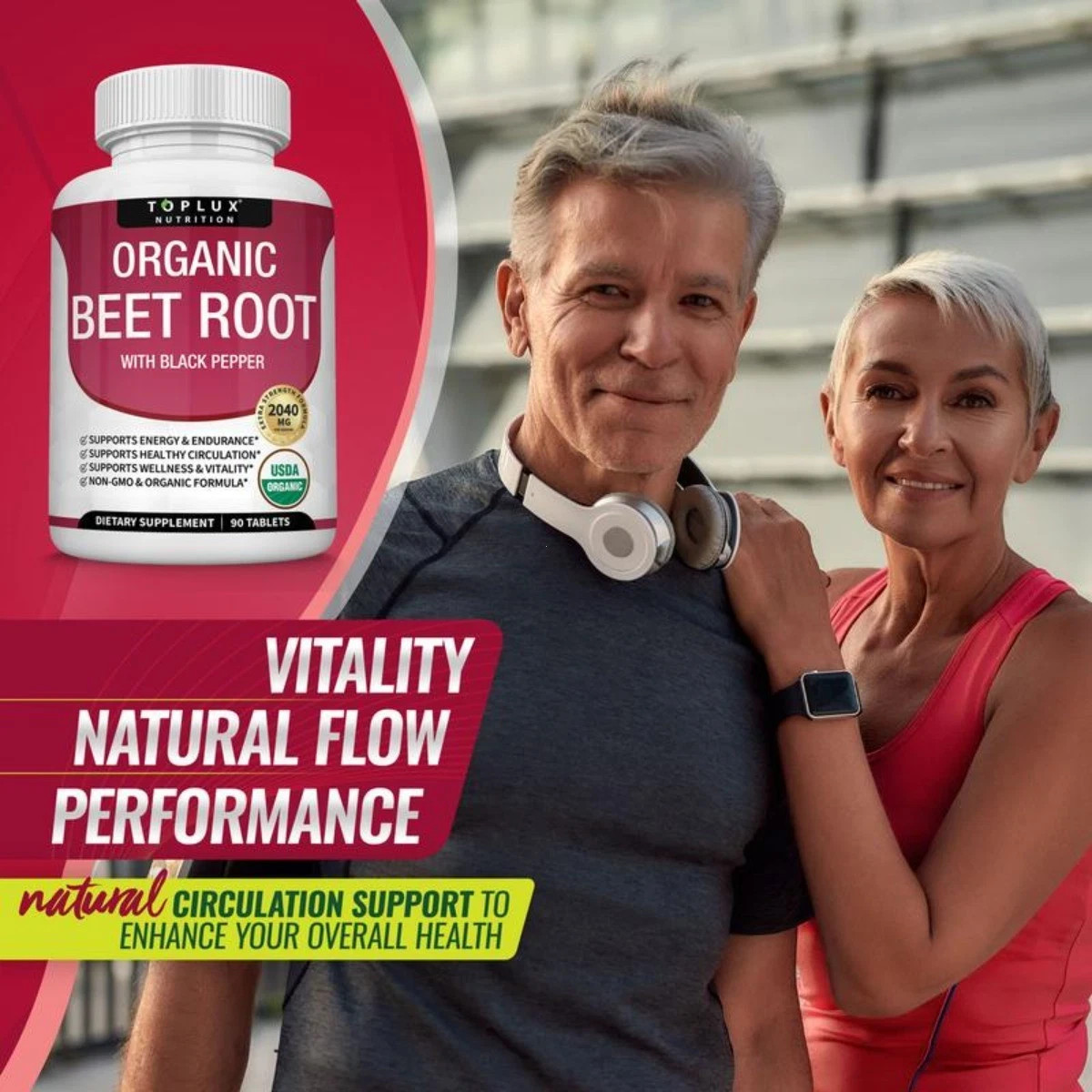 Toplux Organic Beet Root 2040mg, Nitric Oxide Boost Supplement Tablets