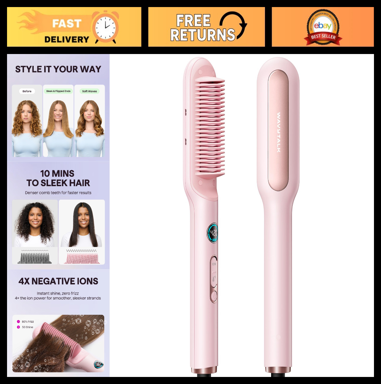 Ionic Hair Straightener Brush, Anti-Scald Ceramic Comb, LED Display, Dual Voltag