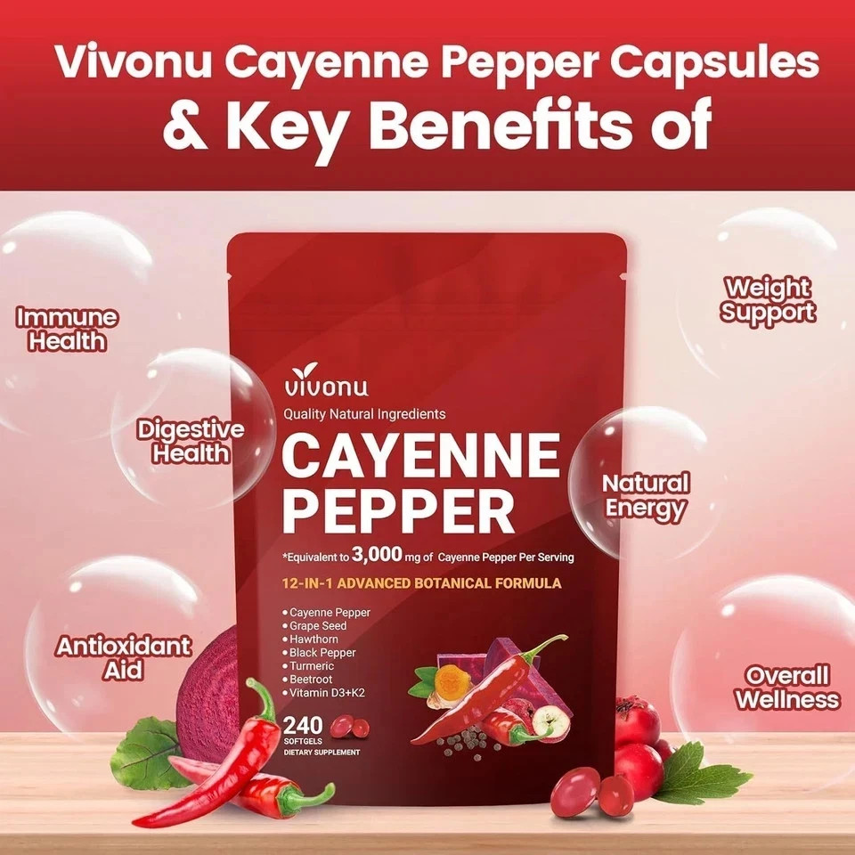 VivoNu Cayenne Pepper Softgels Supports Heart Vein Blood Vessel Health Vitamin E